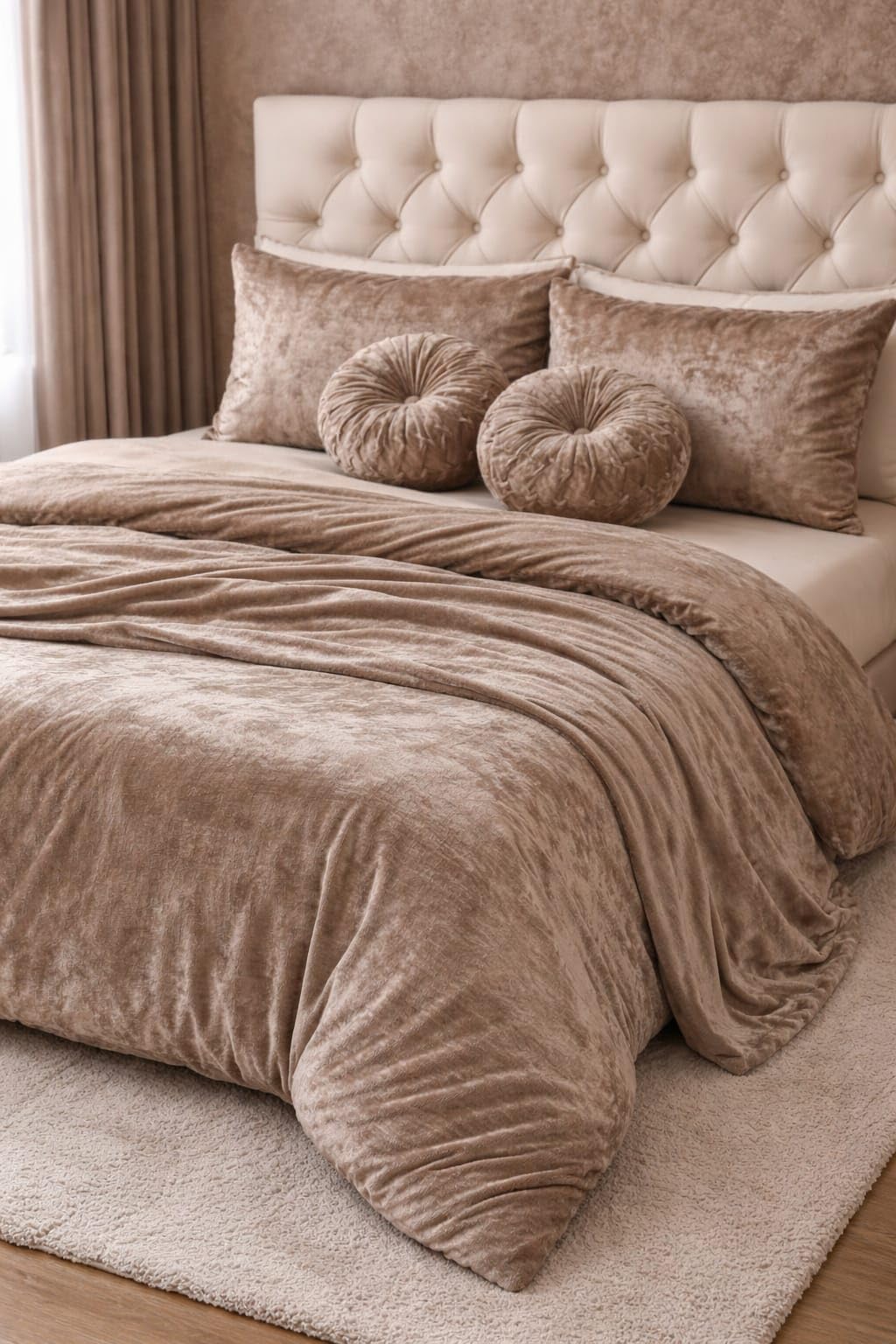 JBTC Luxurious 6-Pc Winter Bedding Set – 1 Double Duvet Cover, 1 Double Bed Sheet, 2 Pillow Covers, 2 Round Cushions – Ultra Soft Woollen Bedsheet Set 90x100 Inches (Brown)-image-4