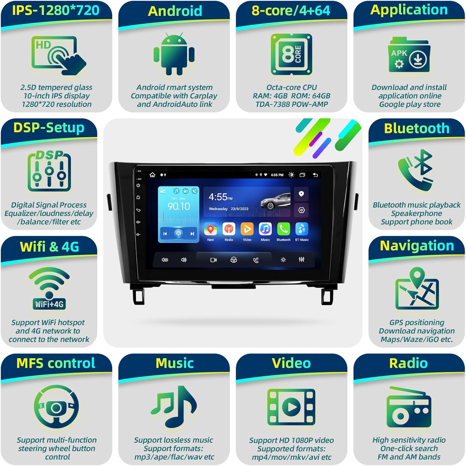 Android Radio Upgrade for Rogue X-Trail 2014-2018 Compatible with Wirelessly Carplay Android Auto Car Stereo Bluetooth Navigation TouchScreen GPS 8core 4GB RAM 64GB Head Unit Multimedia Player