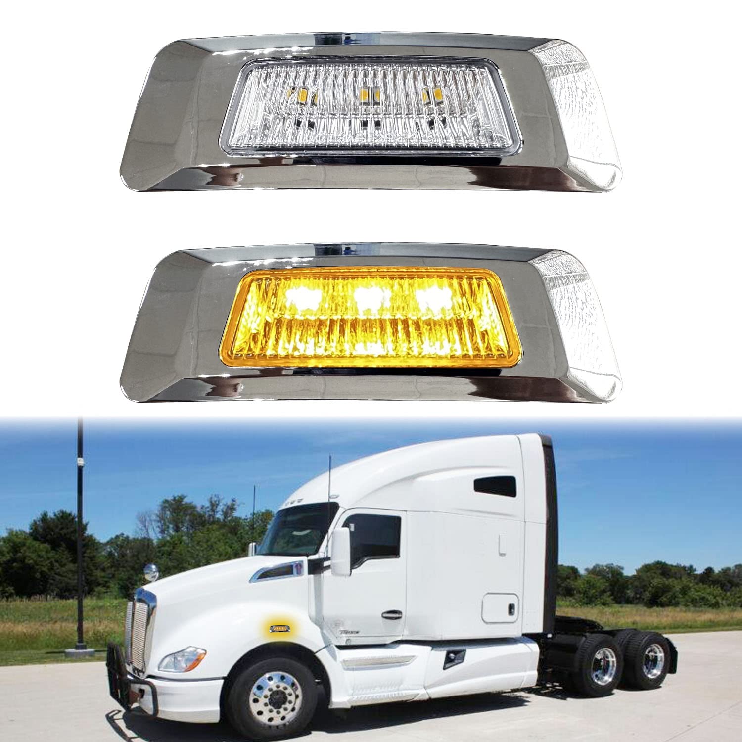 AUTOHALO 2Pcs LED Side Marker Turn Signal Lights Assemblies Replacement for Kenworth T680 T880 Peterbilt 576, Clear Lens Super Bright Amber 3-3014-SMD