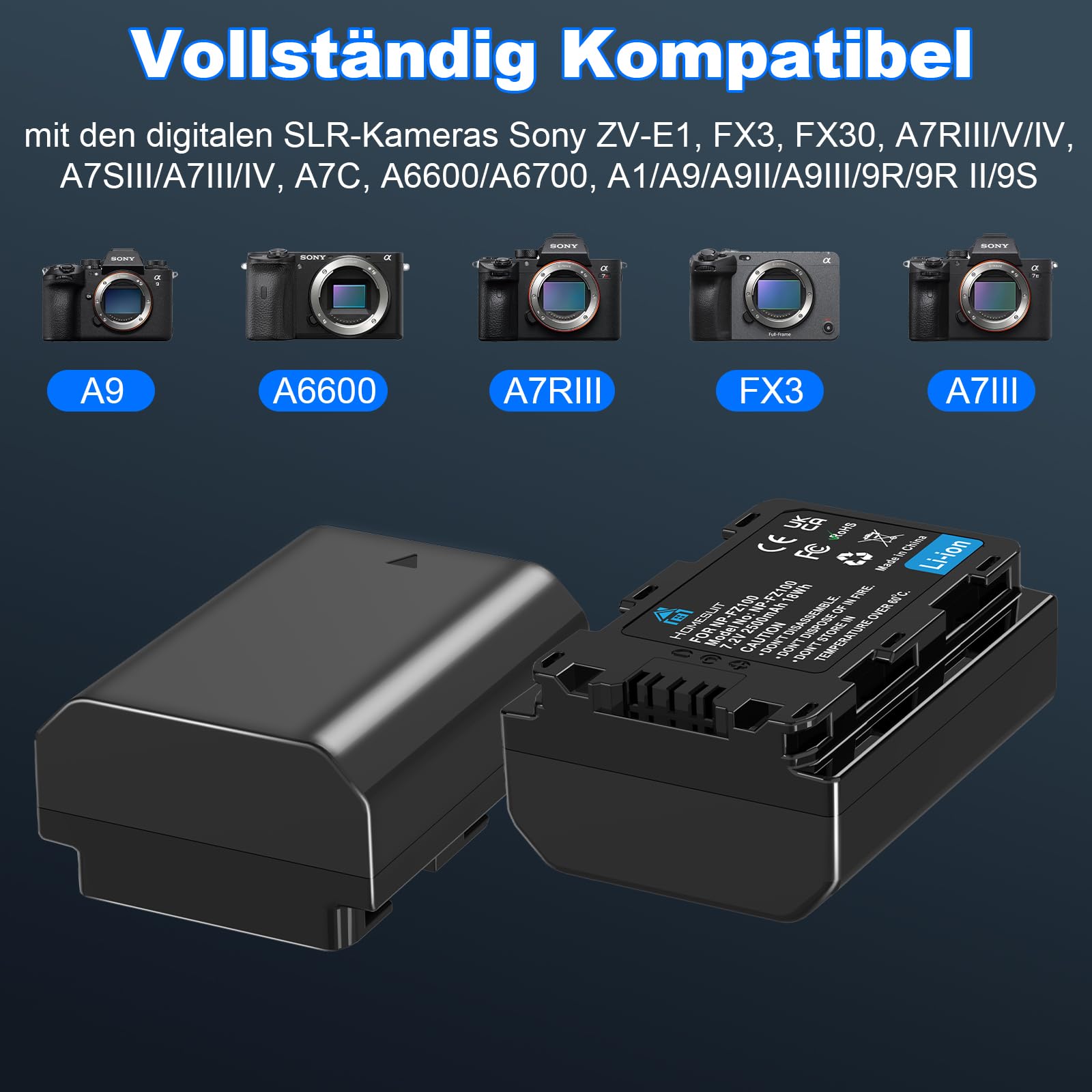 Homesuit NP-FZ100 Akku 2500mAh & 20W Schnellladegerät mit Zwei Kanälen für Sony ZV-E1 FX3 FX30 A7RIII A7RV A7RIV A7SIII A7III A7IV A7C A6600 A6700 Alpha A1 A9 A9II A9III 9R A9R 9S Kamera (2er-Pack)
