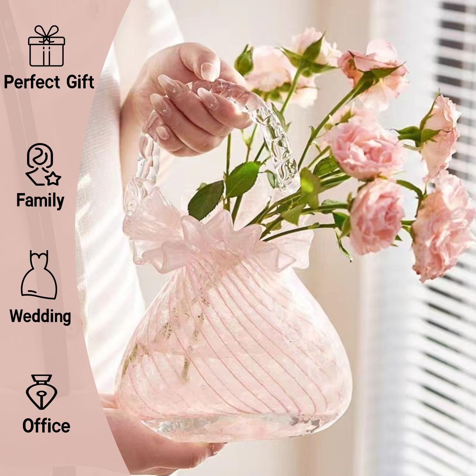 WLGRANJIA Purse Vase for Flowers (Handmade), Glass Bag Vase, Handbag Shape Flower vase, Blown Pink Flower Vase for Basket, Unique Flower Vase with Handles, Decorative for Home Decor, Wedding, Gifts
