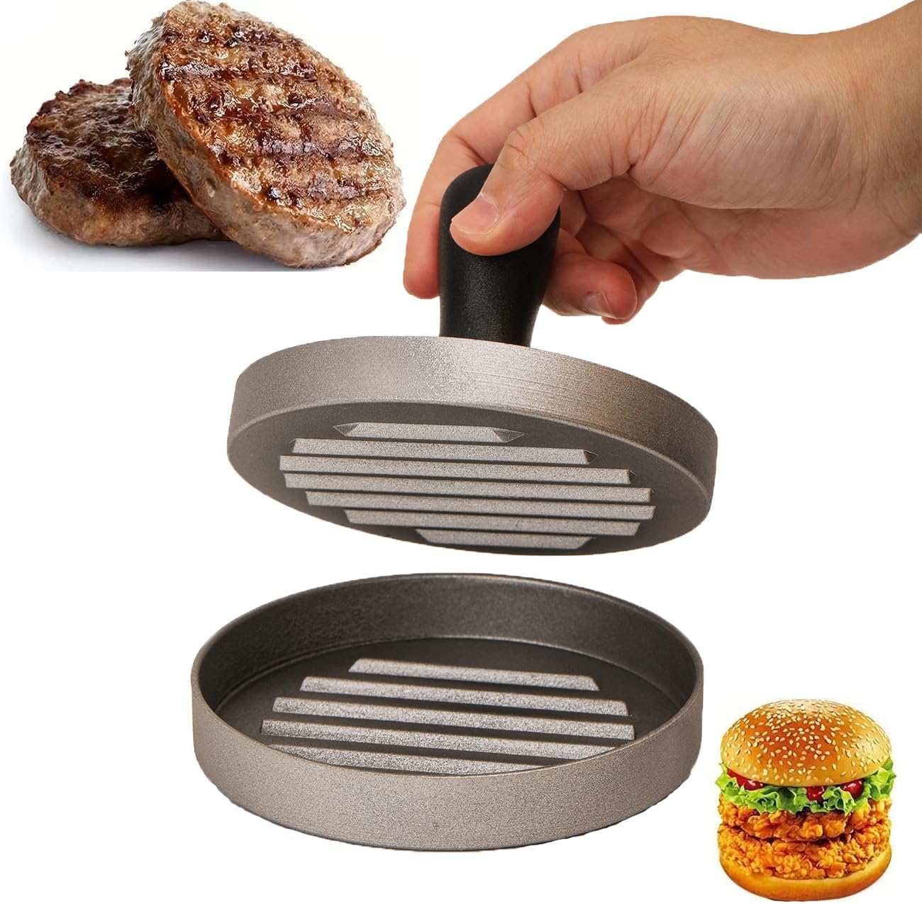 Hamburger Press Patty Maker, Food Grade Aluminum Burger Press with ABS Handle, Non-Stick, Easy to Clean, 4.7" Diameter and 0.7" Depth(Stainless Steel)