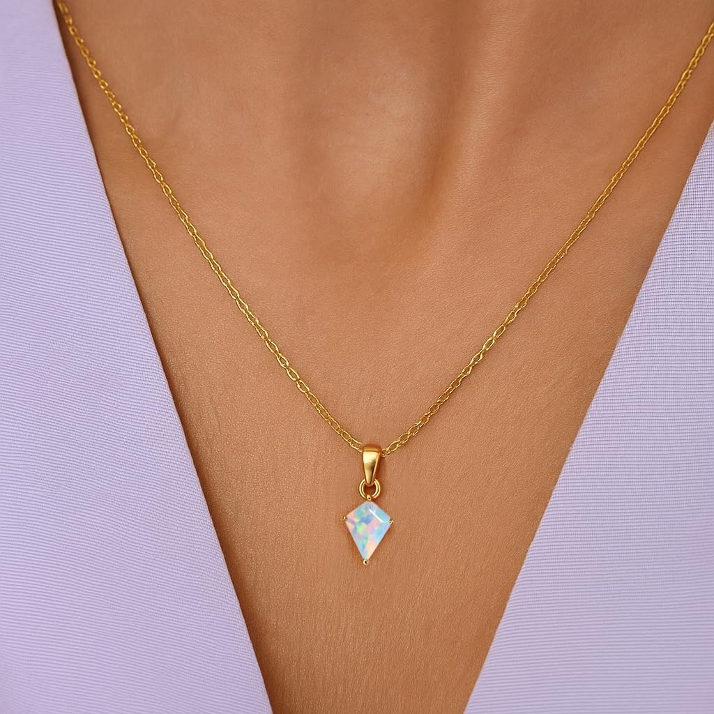 GOODSTONE JEWELS Handmade Opal Pendant Necklace - 14K Gold Plated Birthstone Necklace for Women - October Gemstone Jewelry Gift - 16+2 Inch Extendable - Opal Jewelry for Her