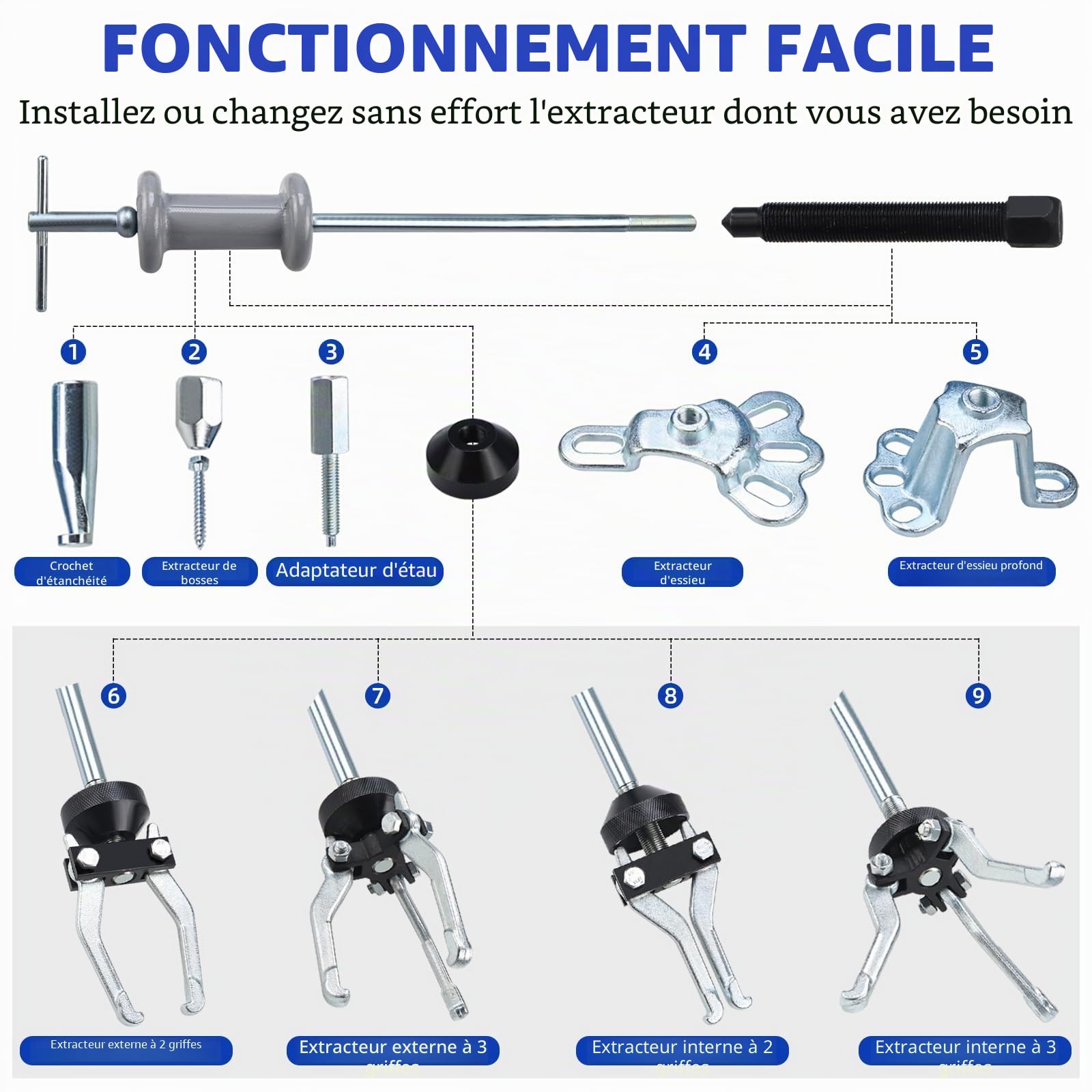 FreeTec 9-en-1 Extracteurs à Marteau à Inertie, Extracteur de Moyeu de Roue Avant et Arrière, 2/3 Mors Arrache Roulement à Inertie Interne et Externe, Arrache Bosse Carrosserie pour Réparation Auto