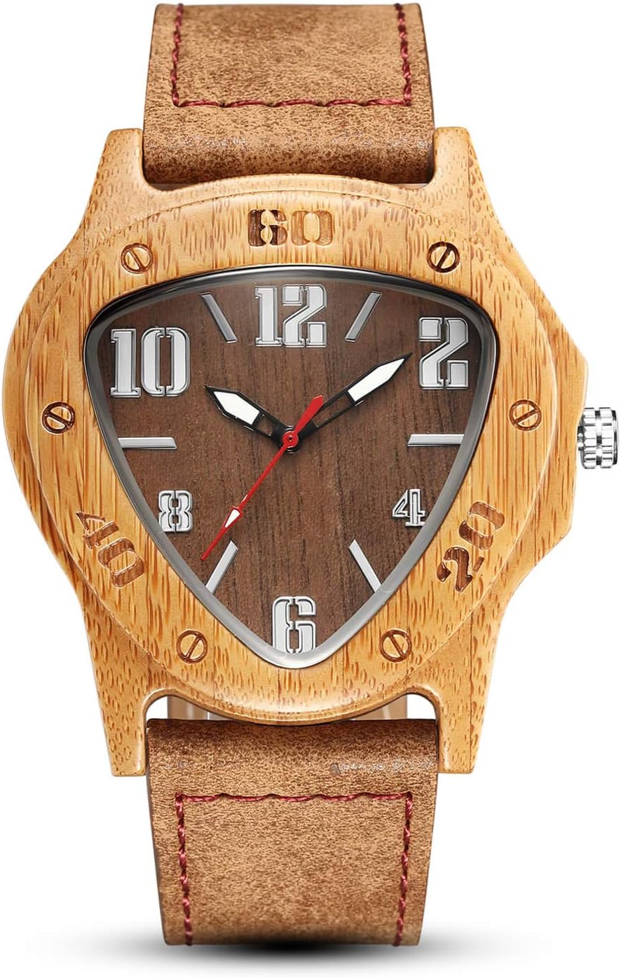 Mens Wood Quartz Wrist Watches Inverted Triangle Retro Wooden Watch Simple Creative Minimalist Bamboo Nature Leather Band Clock Gift for Birthday Anniversary