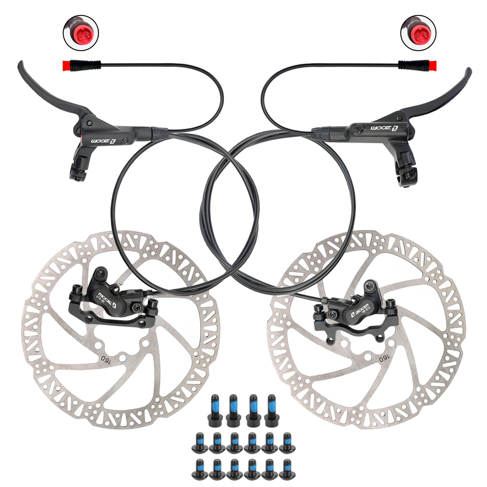 JFOYH Zoom HB876E Kit Freni Idraulici per eBike – Pinze a 4 Pistoni con Sensore Cut-off 2/3 Pin, Pre-Riempito con Olio Minerale, Rotori da 160 mm Inclusi