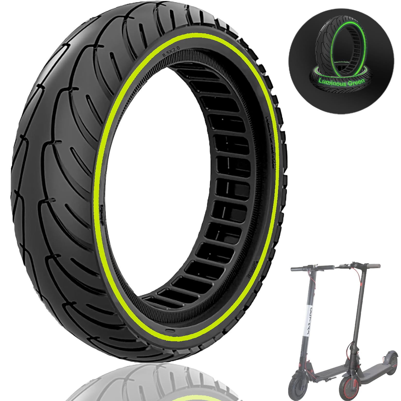 8.5x2.0 Solid Tire, Nighttime luminous Design, 50/75-6.1 8 1/2x2 Inch Replacement Tire, Fit for Wheelspeed Primer Hiboy S2 Electric Scooter, Explosion-Proof Tubeless Tire, Green 1pc