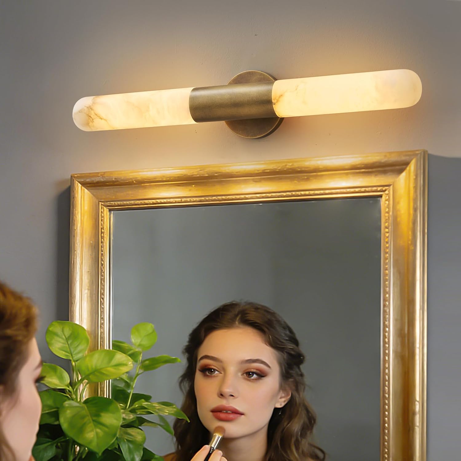 2-Pack Antique Brass 2-Light Vanity Light with Natural Marble Shade – Vintage Rust-Resistant Wall Mount Light Over Mirror for Bathroom, Bedroom & Living Room