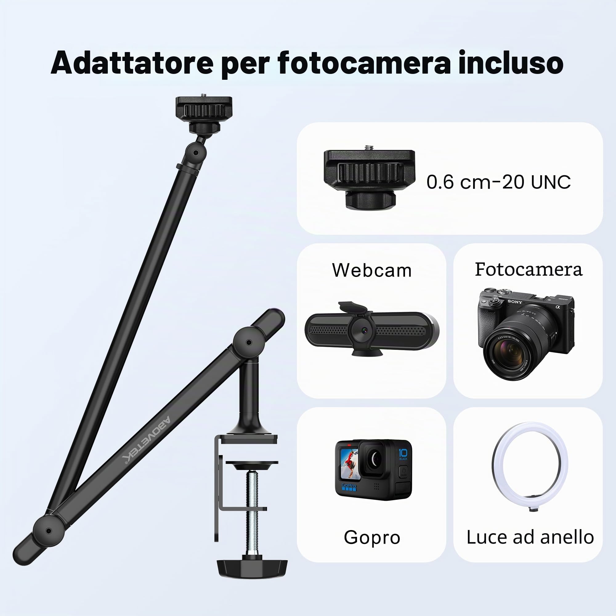 AboveTEK Premium Supporto per Tablet, Supporto per iPad in Alluminio, con Braccio Regolabile e Morsetto, da Scrivania e Letto, con Rotazione a 360°, Compatibile con Dispositivo da 4,7"-13,5" - Nero