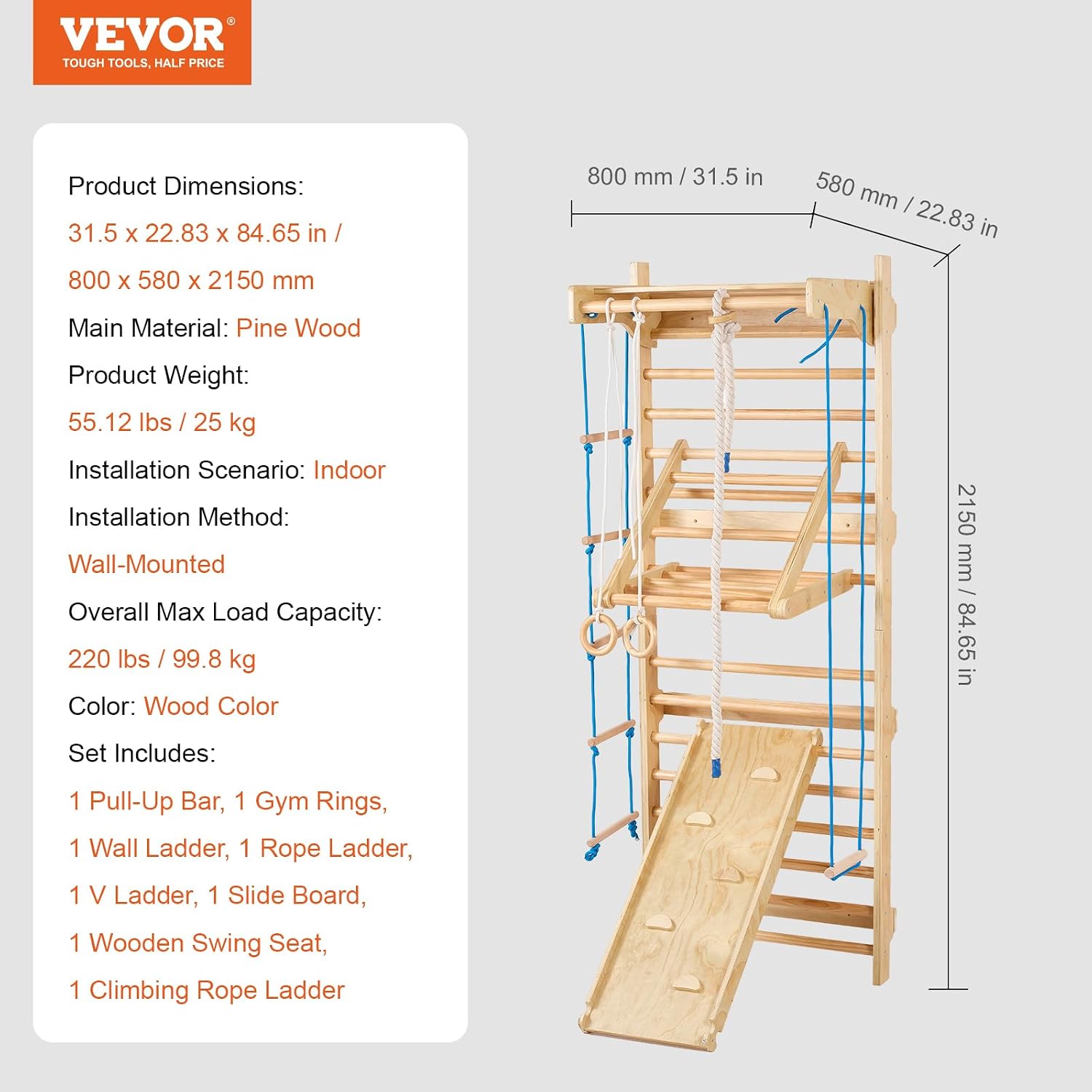 VEVOR Swedish Ladder Wall Gym, 15-Level 8 in 1 Wooden Indoor Jungle Gym, 220 lbs Load Capacity Playground Climbing Toys with Pull-Up Bar, Gym Rings, Swing Seat, Rope Ladder, Wall Ladder, Slide Board