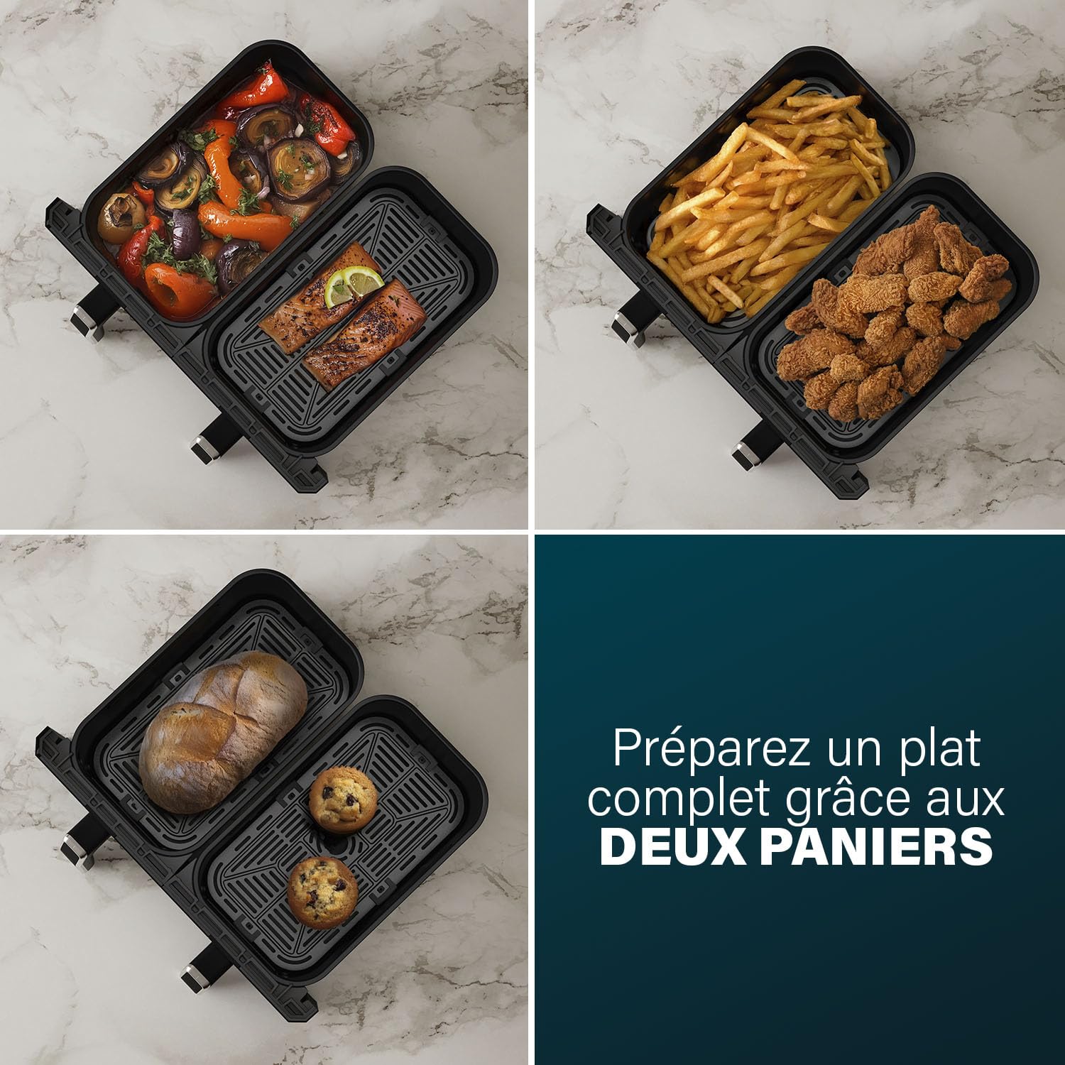 Princess XXL friteuse sans huile à double panier - 11 L - Sans BPA ni PFAS - Fin de cuisson synchronisée - 8 programmes - Hublot - 2 400 W - 182276
