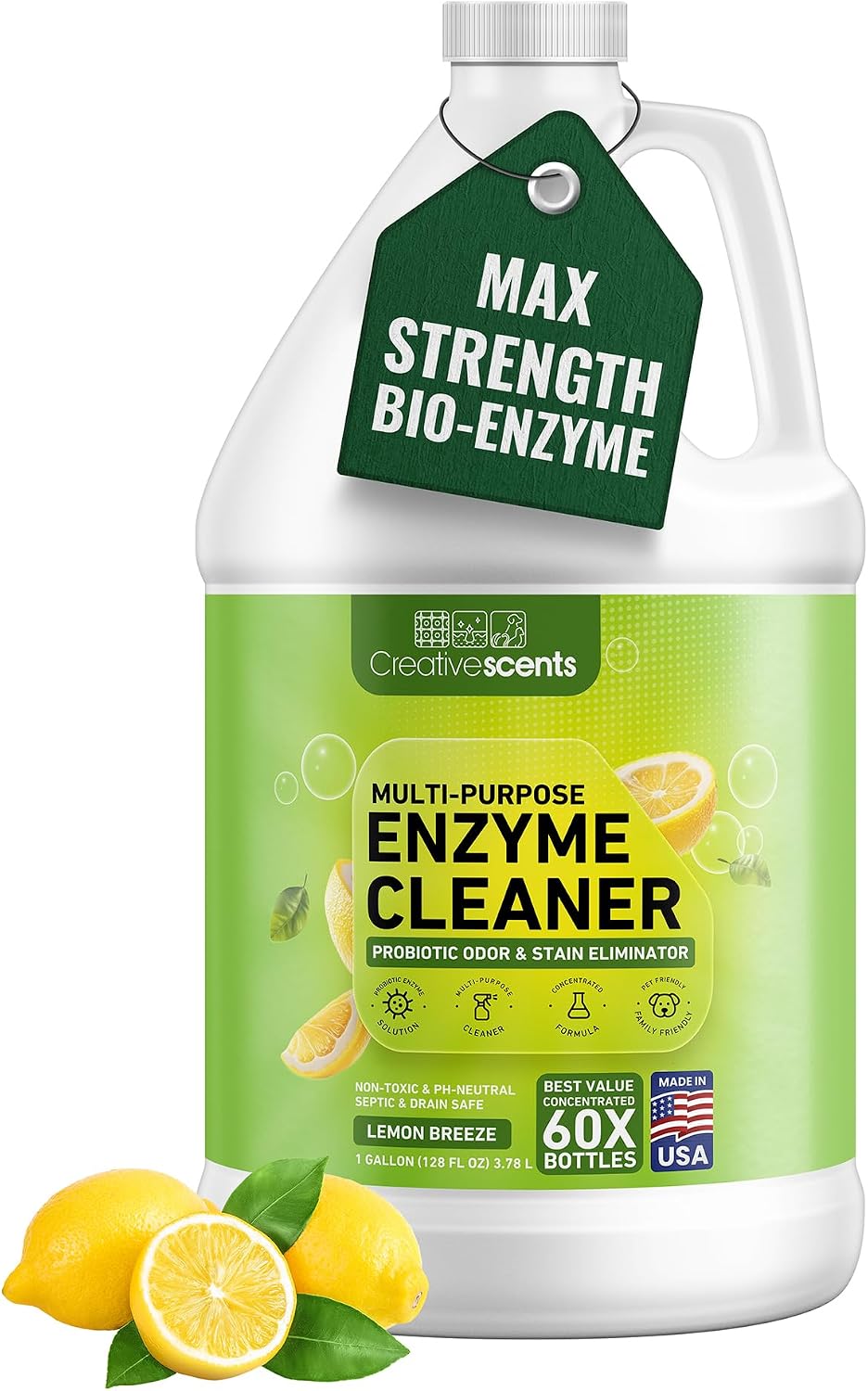Creative Scents Multipurpose Enzyme Cleaner & Odor Remover | Super Concentrated for Floor, Carpet | Pet Urine Odor Eliminator | Enzymatic Cleaner for Cat Urine & Dog Poop | 1 Gallon - Lemon Breeze