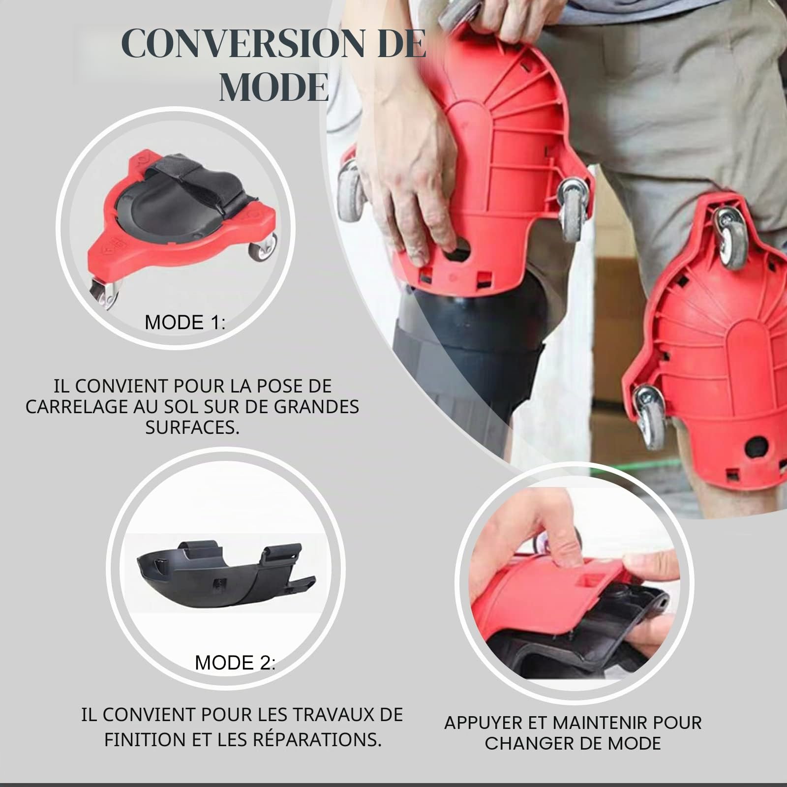 Protège-genoux roulant 2 pièces avec molettes Économiseur de main-d'œuvre pour pose de carrelage avec roue et sangle réglable（rouge）
