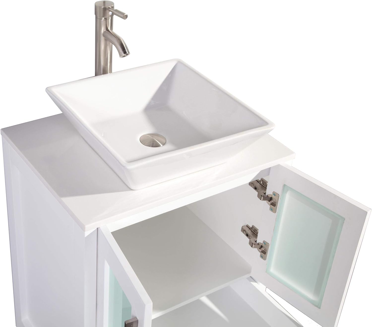 Vanity Art 24 Inch Vessel Single Sink Bathroom Vanity Cabinet with 1 Mirror, Engineered Marble Top Bathroom Cabinet Compact Set with 2 Dovetail Drawers and Soft Closing Doors, VA3124-W