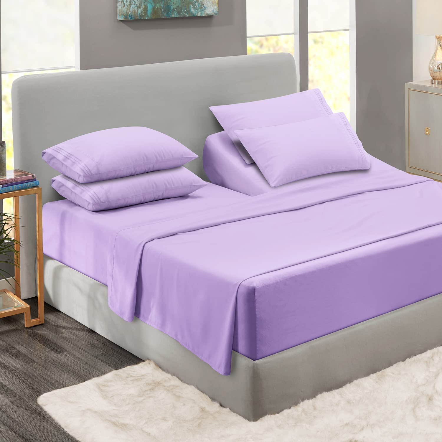 Clara Clark Flex Top King Sheets, 6 Piece Set - Hotel Luxury Sheets for Top Split King Bed, Super Soft Bedding Set, Head Split King Lavender Lavender Flex Top King