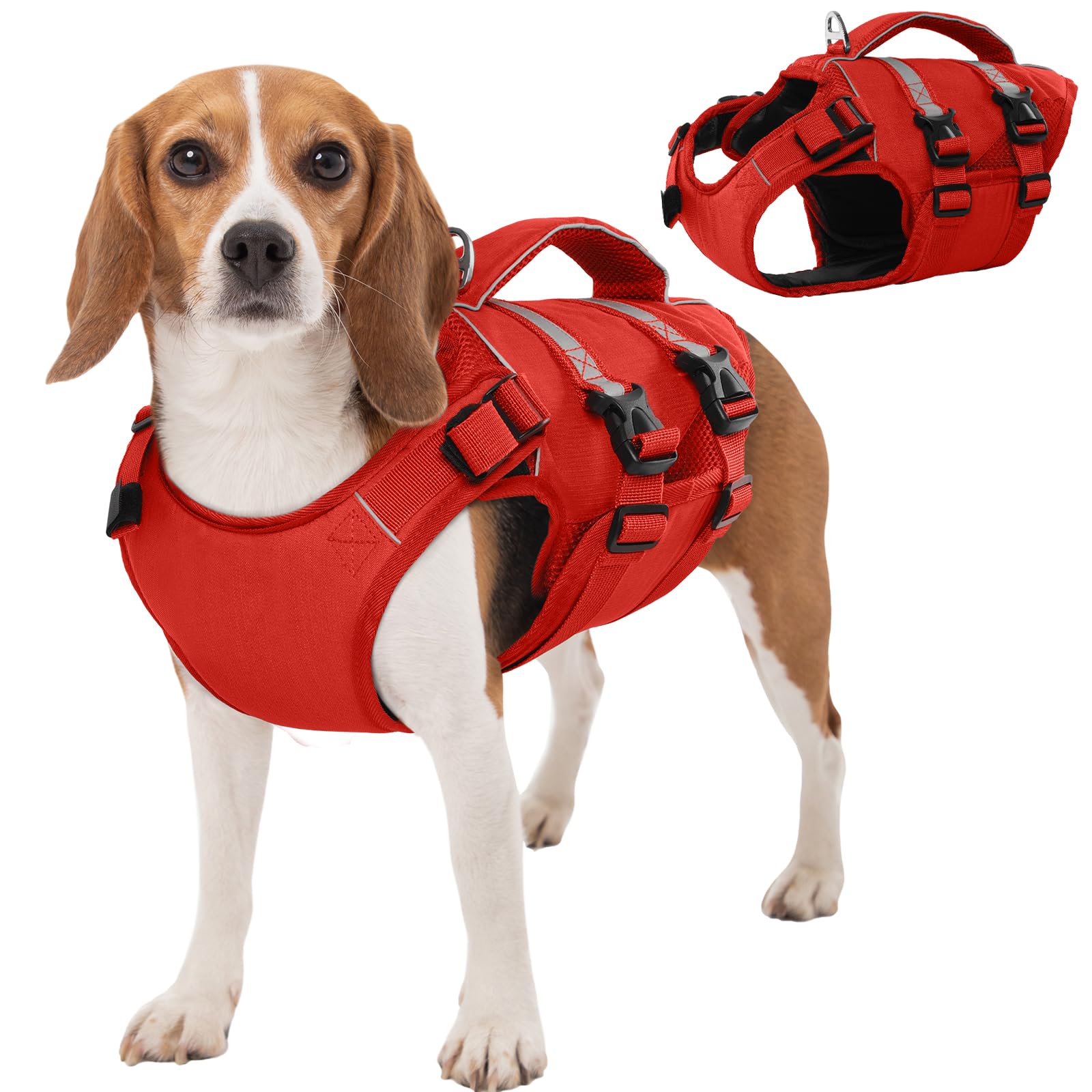 Kuoser Schwimmweste Hund, Rettungswesten für Hunde Schwimmweste mit Griff und Reflektierend, Verstellbar Hundeschwimmweste, Schwimmweste für Kleine Hunde mit Verbesserter Auftrieb