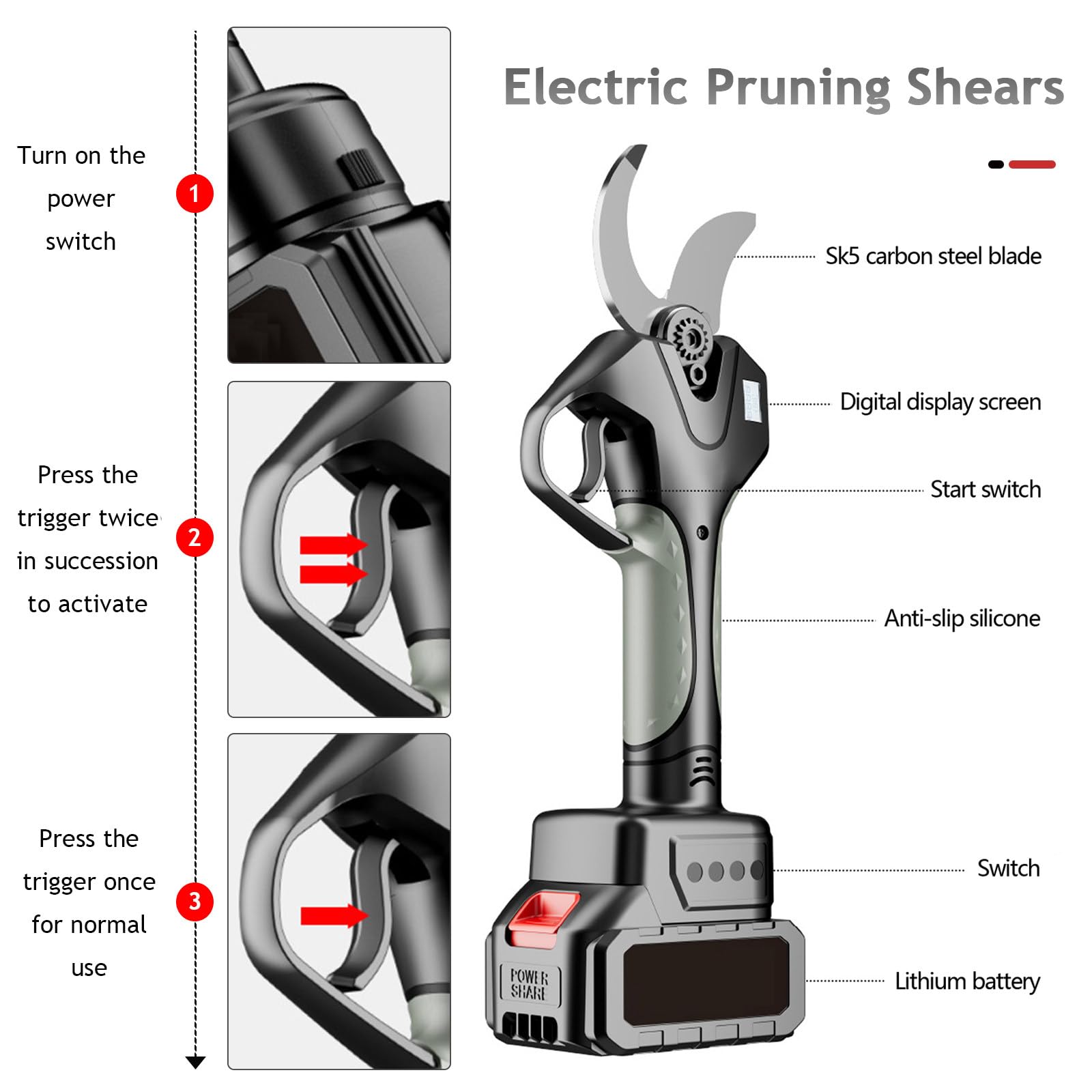 Tijeras de podar eléctricas, cortador de ramas con mango extensible, baterías recargables de 2000 mAh y cuchillas de repuesto, herramienta de jardinería profesional para ramas altas,2Batteries