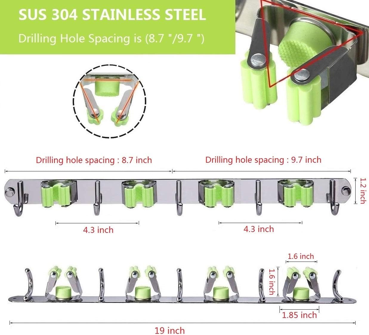 Mop and Broom Holder Wall Mounted Storage Organizer Broom Holder Stainless Steel Mop Holder Utility Tool Organizers with 4 Position 5 Hooks for Laundry Room Garden Garage Closet Kitchen : Tools & Home Improvement