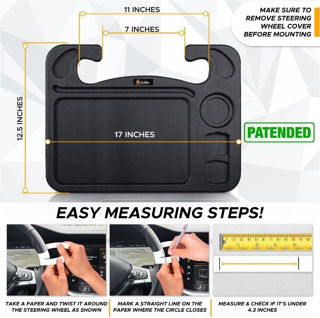 EcoNour 4 in 1 Car Steering Wheel Tray - 2026 Upgraded Tray with Dual Sauce Dip Holder and Tablet Holder | Spacious Steering Wheel Desk for Food and Laptop | Car Accessories (Large)