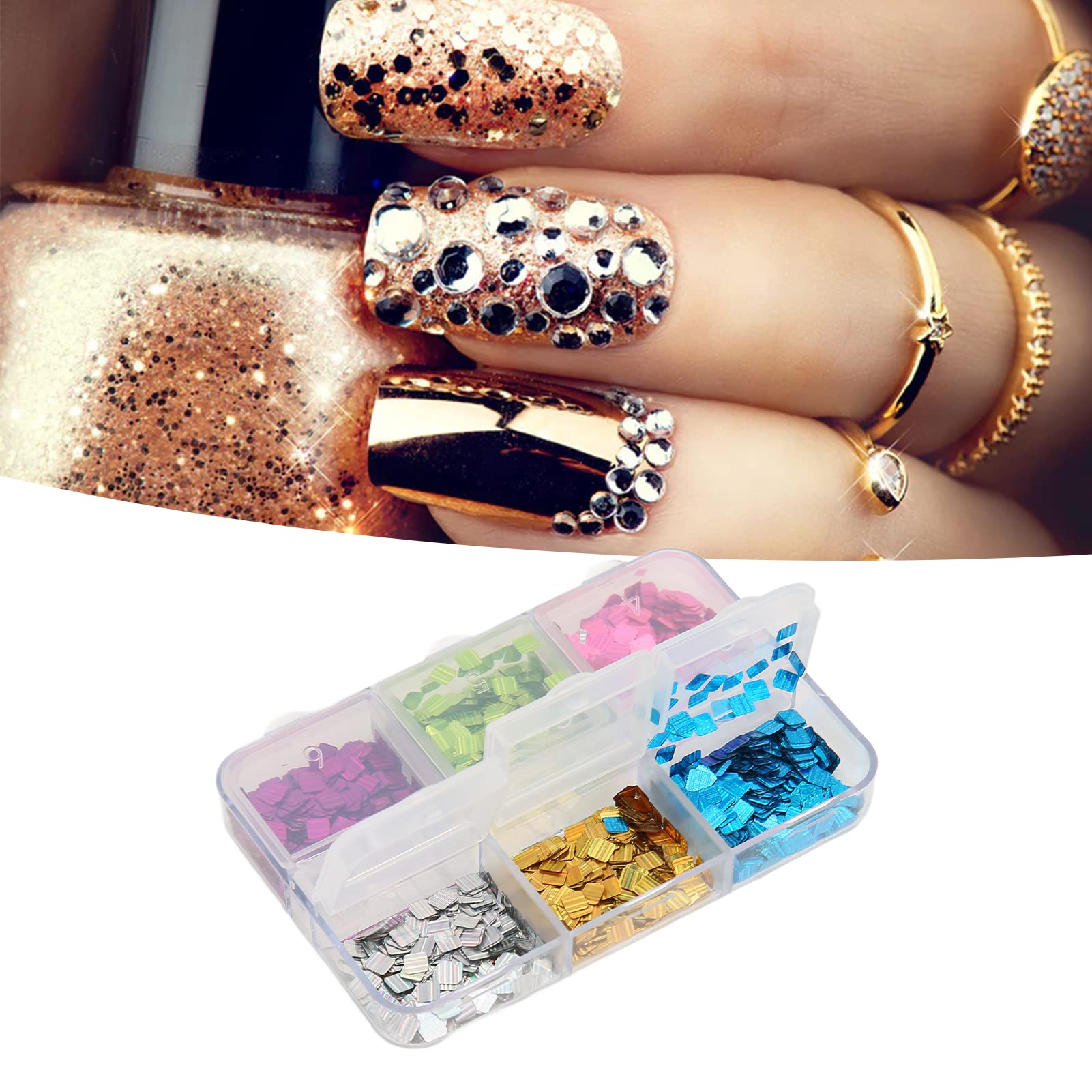Sparkle Nails Flake Nail Sequins, Flake Shaped Sparkle 6 Square Hybrid Color Square Nail Art Flash DIY Nail Art Decoration Nail Glitter Nails for Face Makeup Hair Body Art Nails