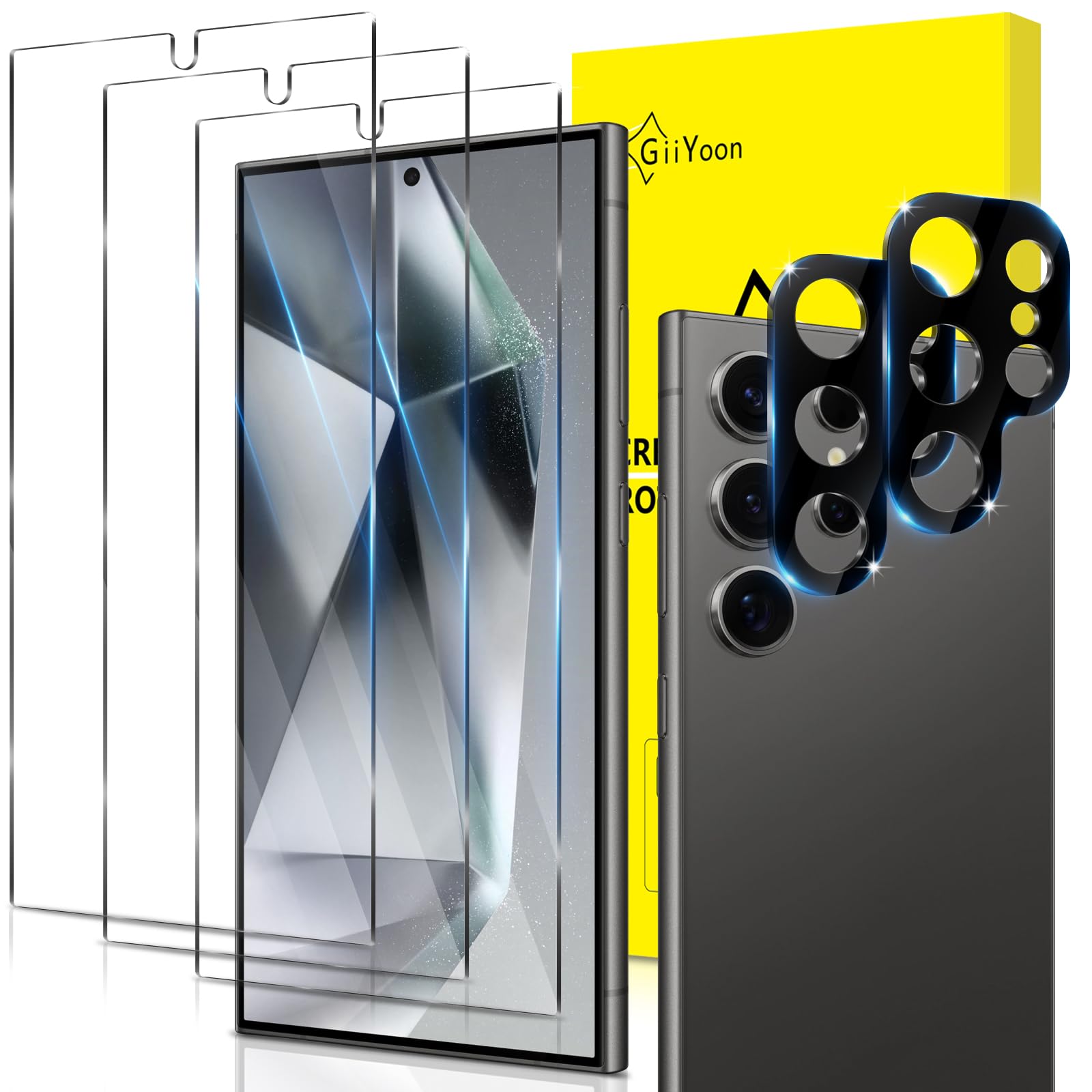 GiiYoon 2+3 Pack Screen Protector for Samsung Galaxy S24 Ultra with 3 Pack Tempered Glass Screen Protective Film and 2 Pack Camera Lens Protector [9H Hardness] [Bubble Free] Protective Film