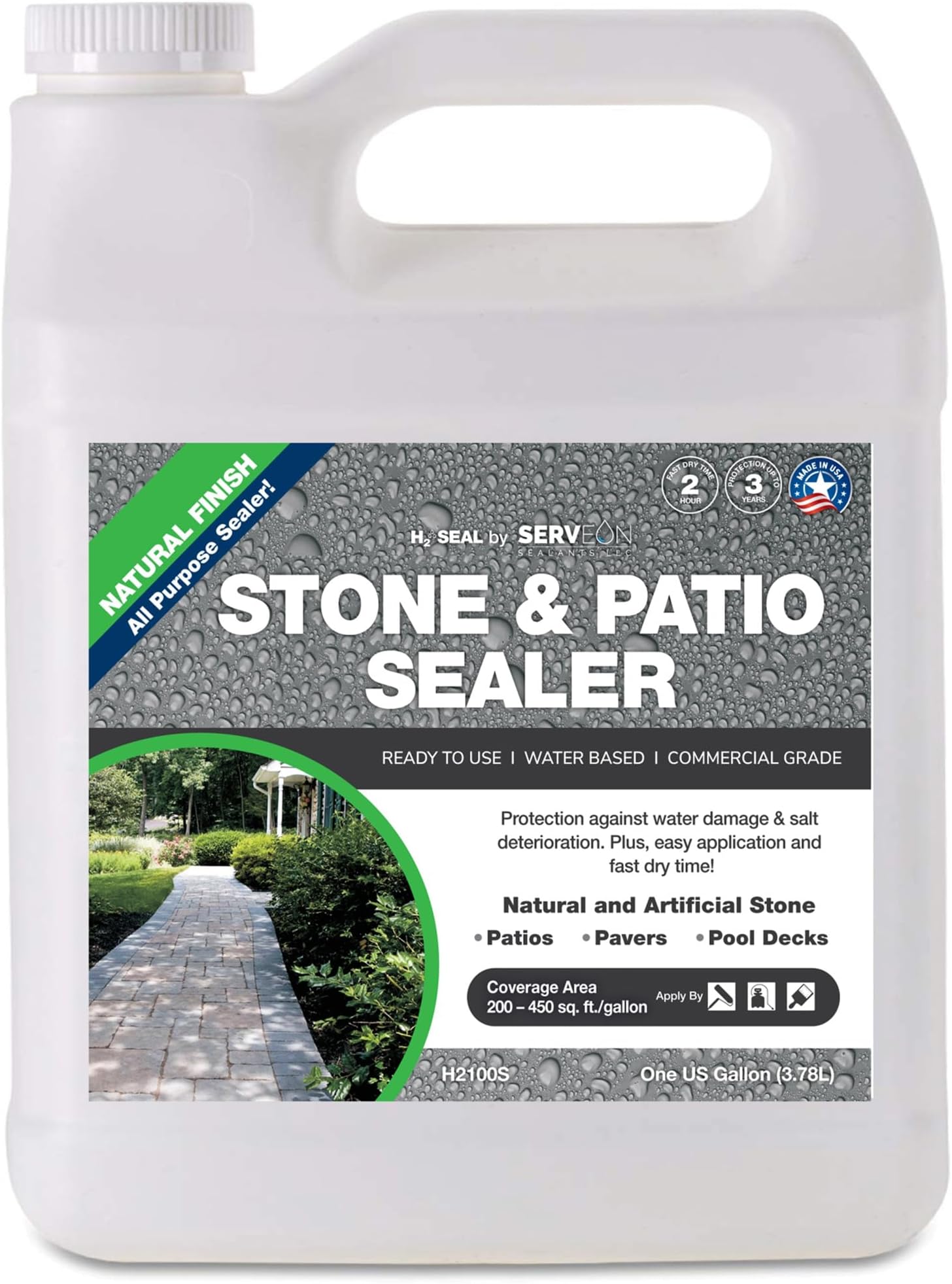 Serveon Sealants Natural Stone Sealer (Clear Natural Finish) Commercial Grade Outdoor Indoor Waterproof Grout Sealer Protects Pavers Pools Patios Decorative Landscape Stones (1 Gallon) H2100S