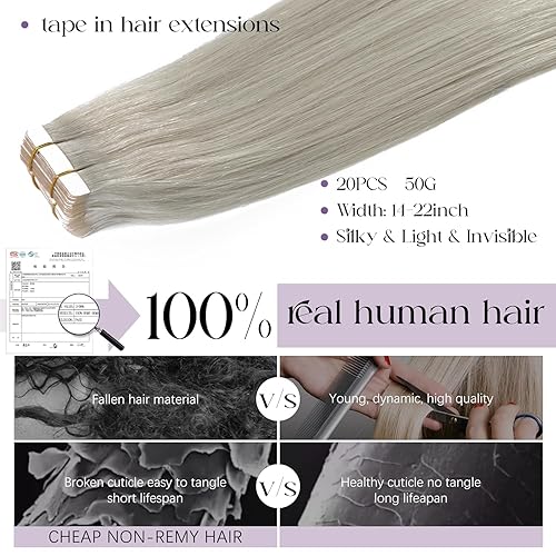 Miniatura 9 de Lacer Extensiones de cabello humano con cinta, 16 pulgadas, trama cutánea, cabello humano Remy, degradado a rubio ceniza oscuro con reflejos rubio