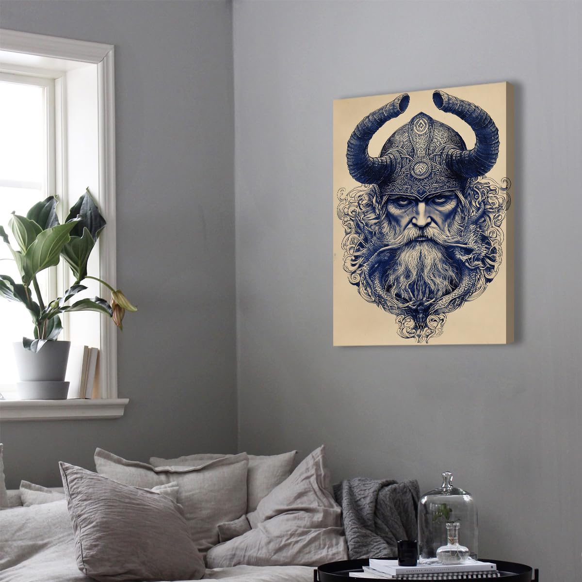 CHERHERART Abstrakcyjna sztuka ścienna wiking na płótnie nordycka mitologia malarstwo rustykalne obrazy na płótnie dekoracja do salonu nowoczesny mural plemienny 40x50cm