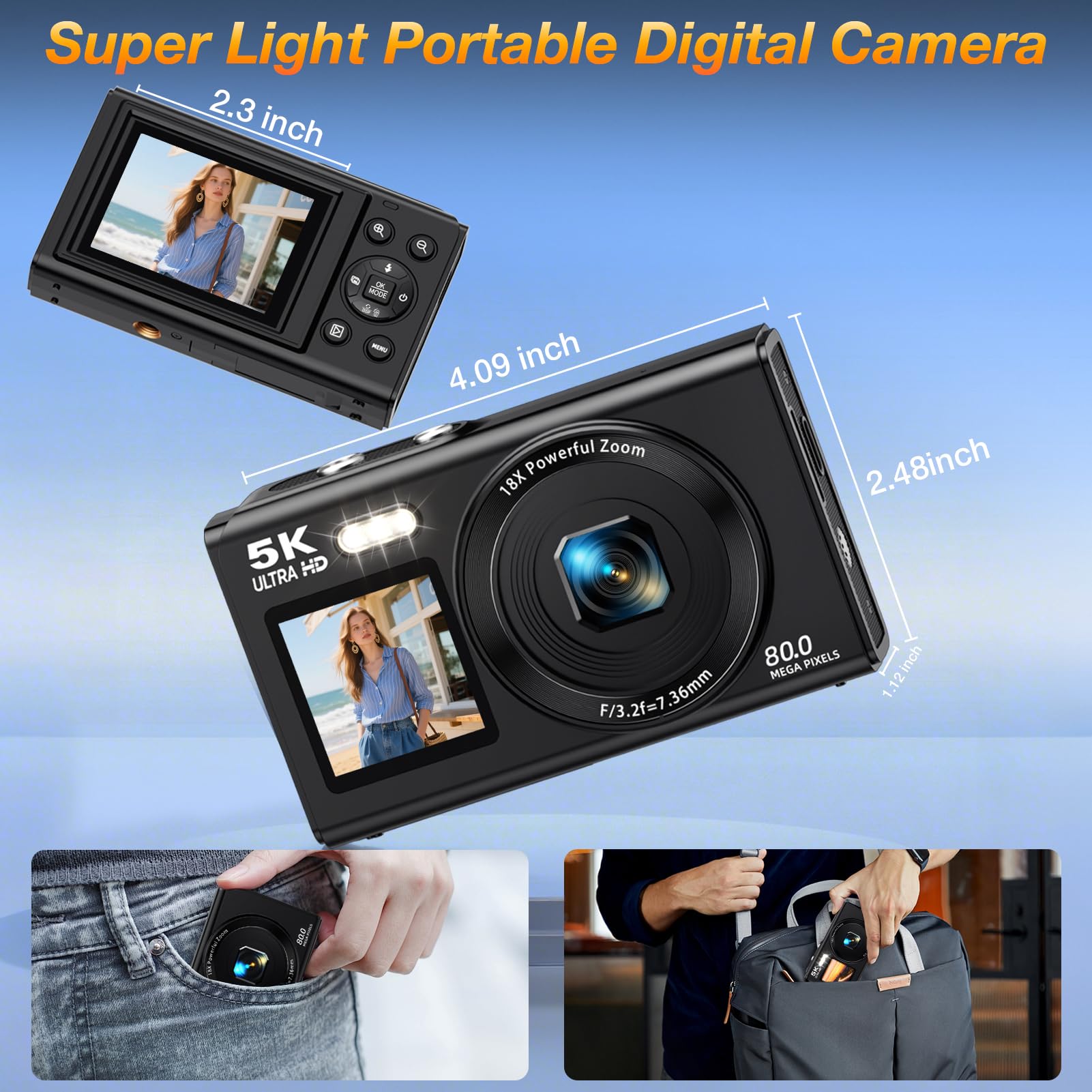Fotocamera digitale a doppio schermo 5K per Vlogging, fotocamera WiFi da 80 MP con display frontale, zoom 18x, luce di riempimento, include scheda da 64 GB e 2 batterie
