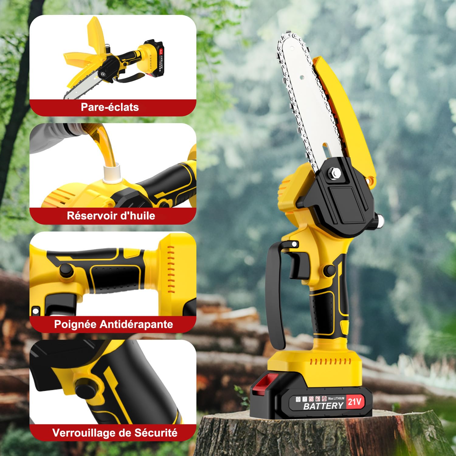 2 EN 1 Tronçonneuse à Batterie Télescopique & Elagueuse sur Perche sans Fil Mini Tronconneuse avec 2 Batteries Coupe Branche Electrique avec Système de Lubrification Tête Pivotante pour Jardin