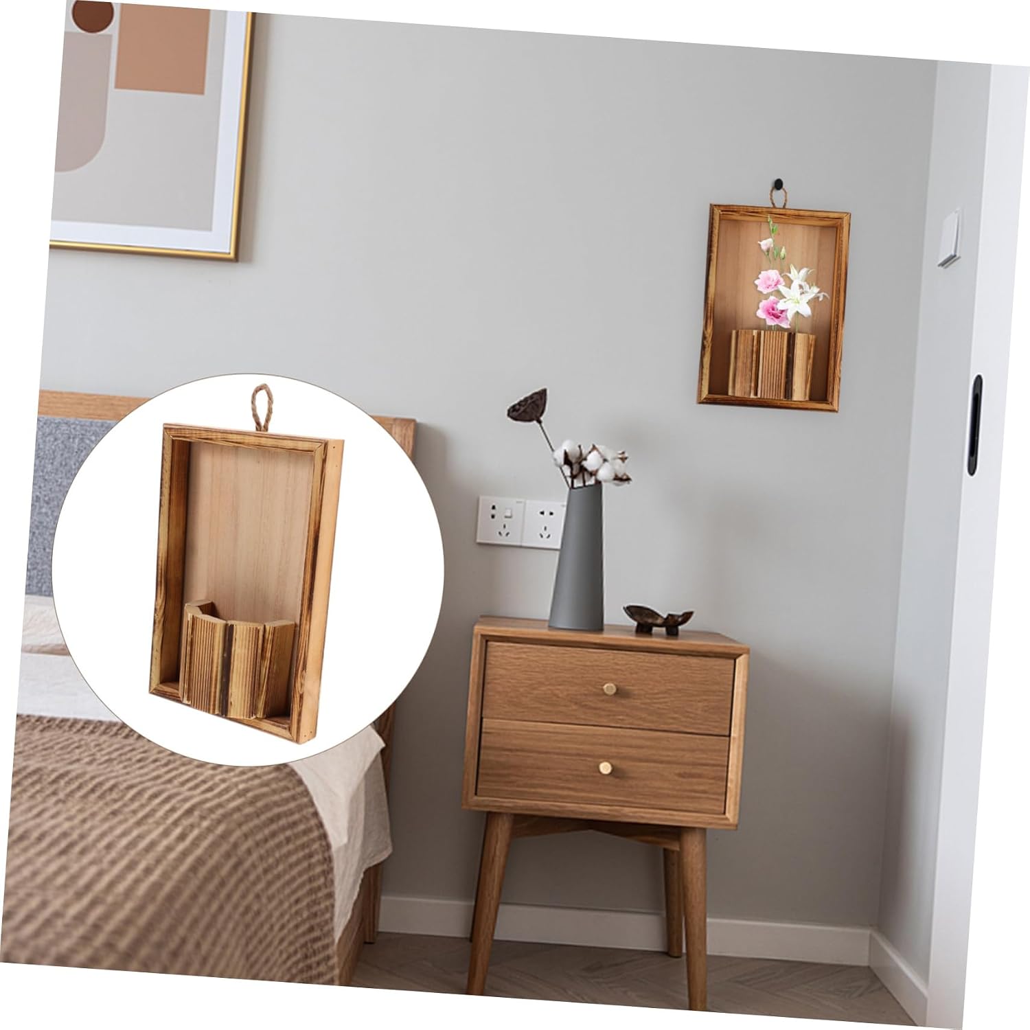 Cabilock Wood Picture Frame Pendant Flowerpot Wall Hanging Decor Brown