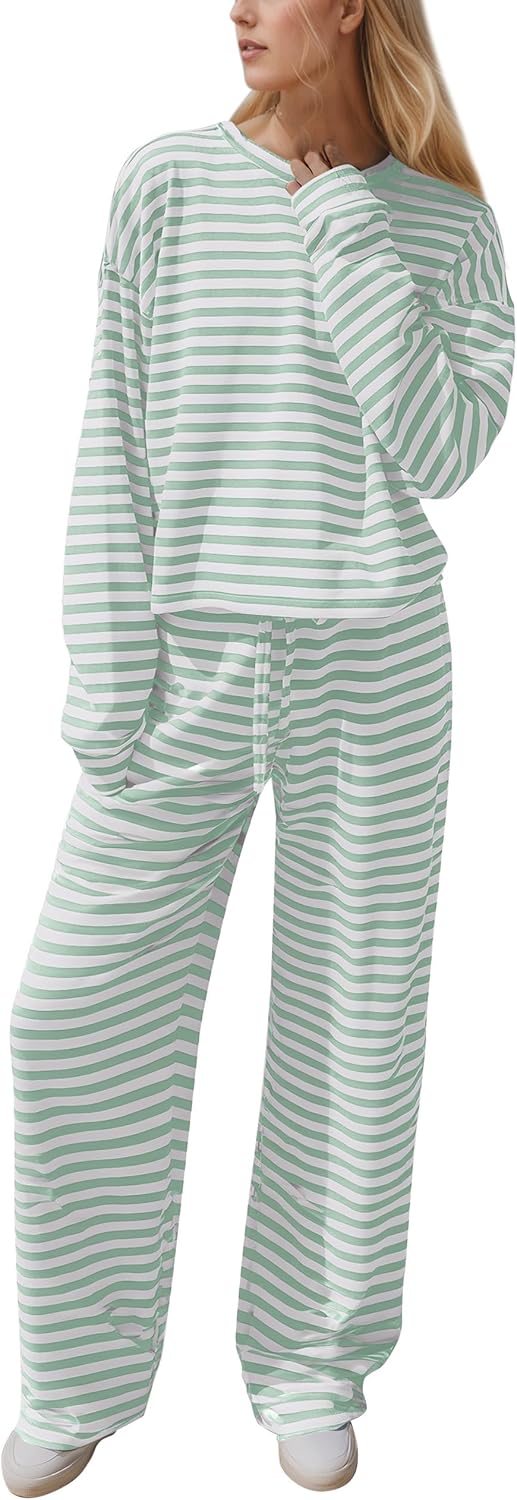 Women Striped Two Pieces Lounge Set Stripes Long Sleeve Crew Neck Tshirt Top Drawstring Wide Leg Pants 2pcs Sets