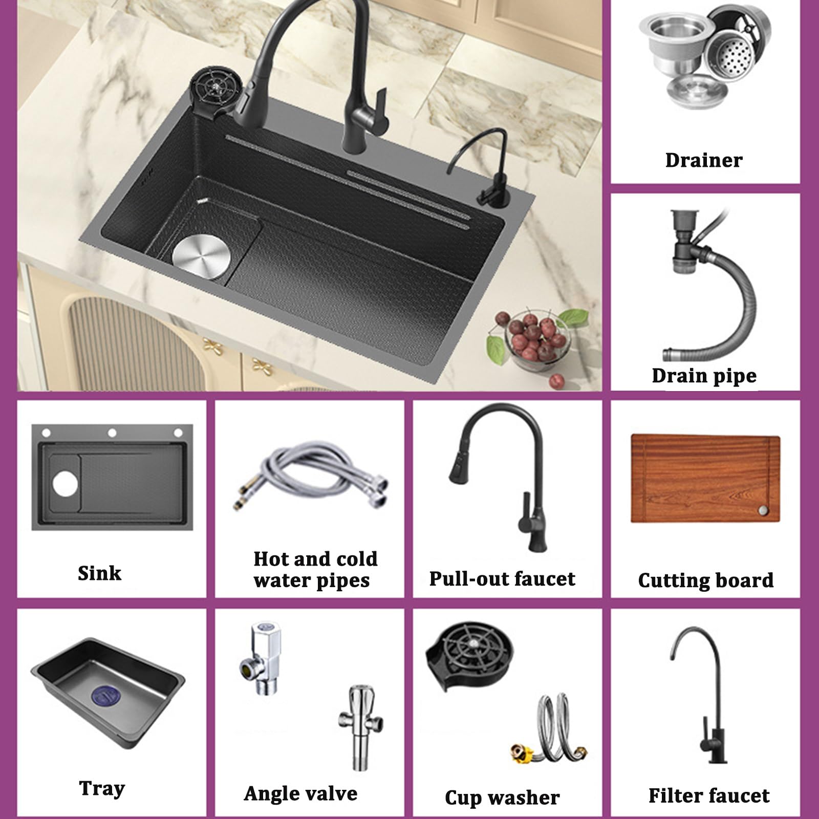 Fregadero de cocina de un solo tazón negro de acero inoxidable 304 con grifo extraíble, drenaje lateral izquierdo, kit completo de instalación incluido (60 x 45 x 22 cm)