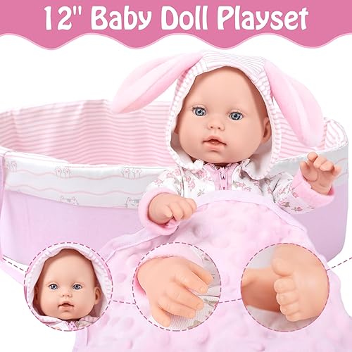 Miniatura 4 de Muñecas de bebé de 12 pulgadas con temática de conejito de adopción, muñecas realistas y vivas, juego de moisés con trajes, manta, juguete de