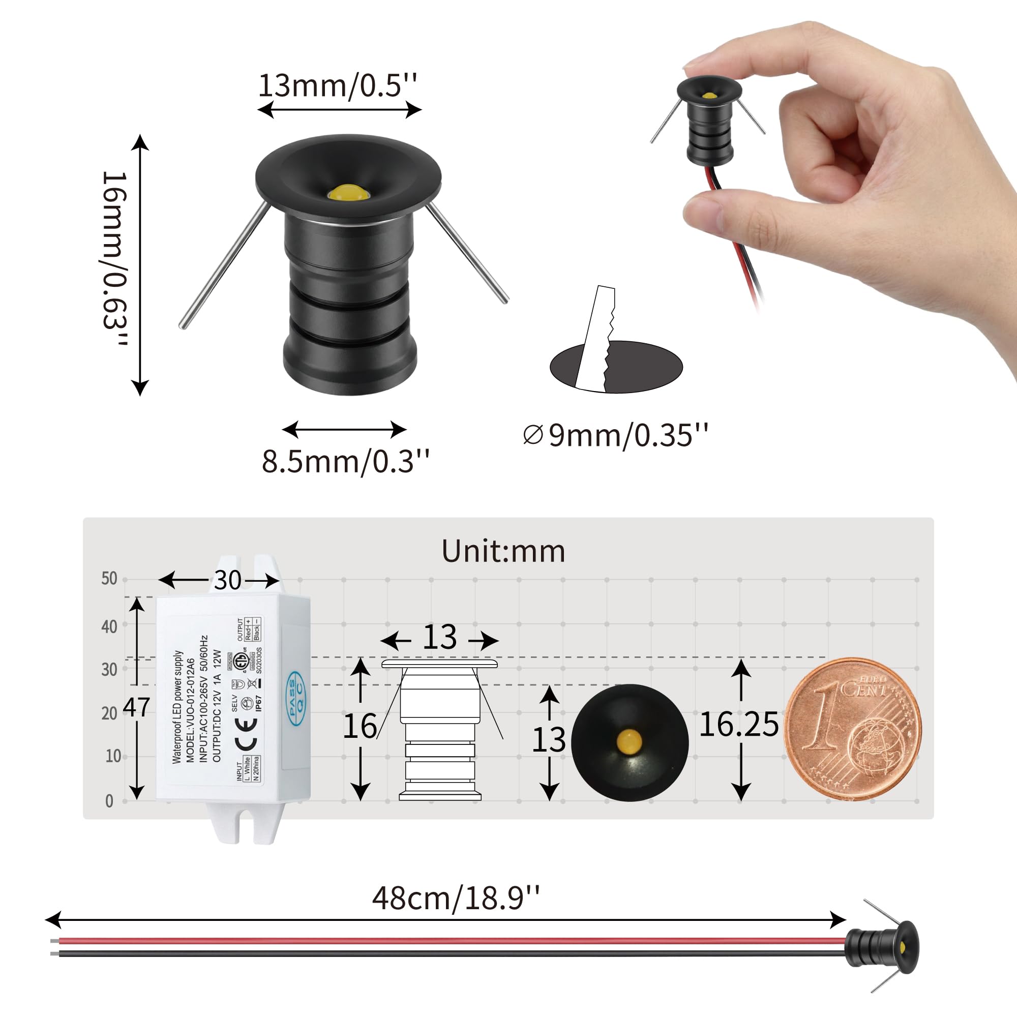 10 uds Mini Foco LED 12V 0.5W, IP65 Impermeable Spotlight Downlight Embutir Pequeño Empotrable, 10mm Micro Spot Light Para Vitrinas Pasillos Iluminación Cuadros Nicho Techo (Negro Blanco Cálido, 120°)