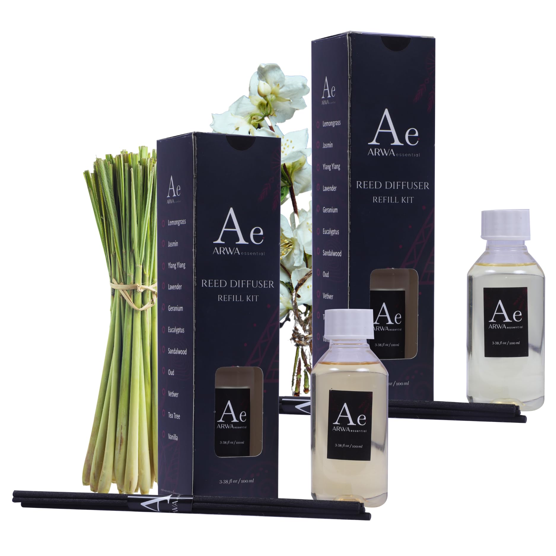 Sponsored Ad - ARWA Essentials Reed Diffuser Oil Refill Pack of 2 x 100ml | Lemongrass, Jasmine Aroma Oil | Aromatherapy Fragrance Oil | Perfect for Office/Hotel/Spa/Home Fragrance | Fits All Aroma Diffusers