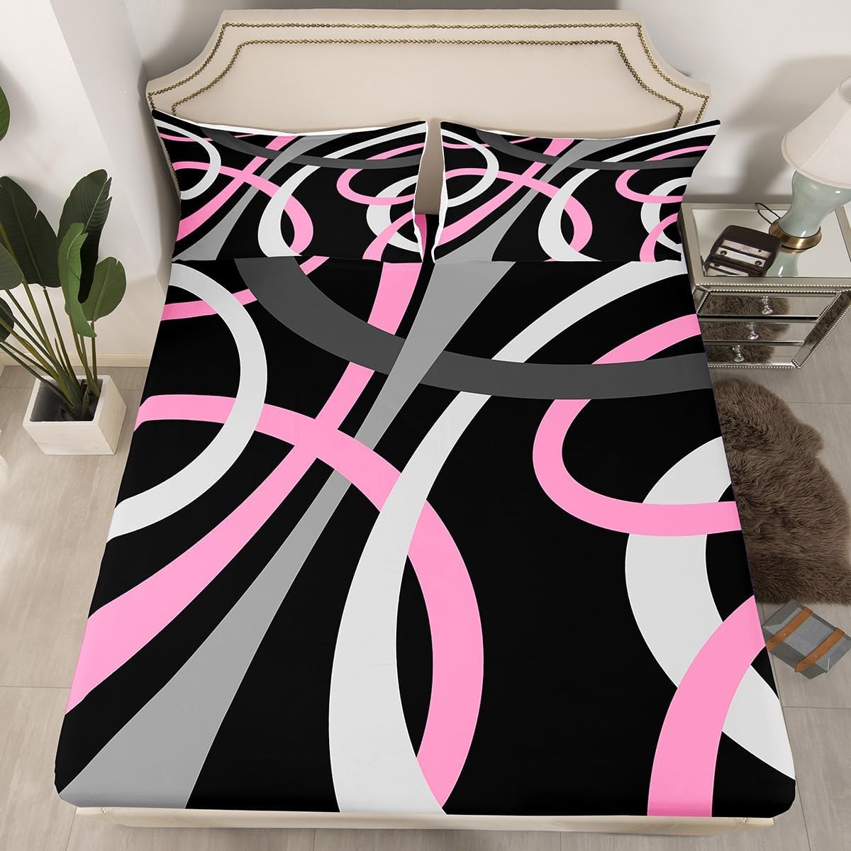 Feelyou Retro Circle Swirls Sheet Set for Girls - Pink Black Gray Geometric Stripes With Deep Pocket Fitted Sheet - Abstract Bedding Set Queen Size 4Pcs