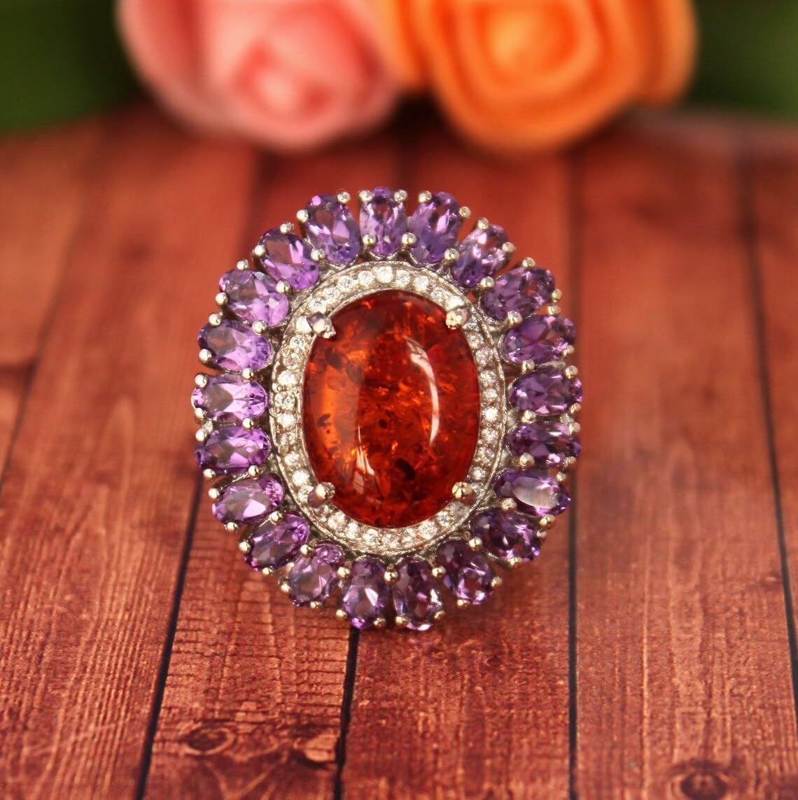 Amber Amethyst Cocktail Ring Art Deco Gemstone Proposal 925 Sterling Silver Gemstone Statement Gift for moms wife girls