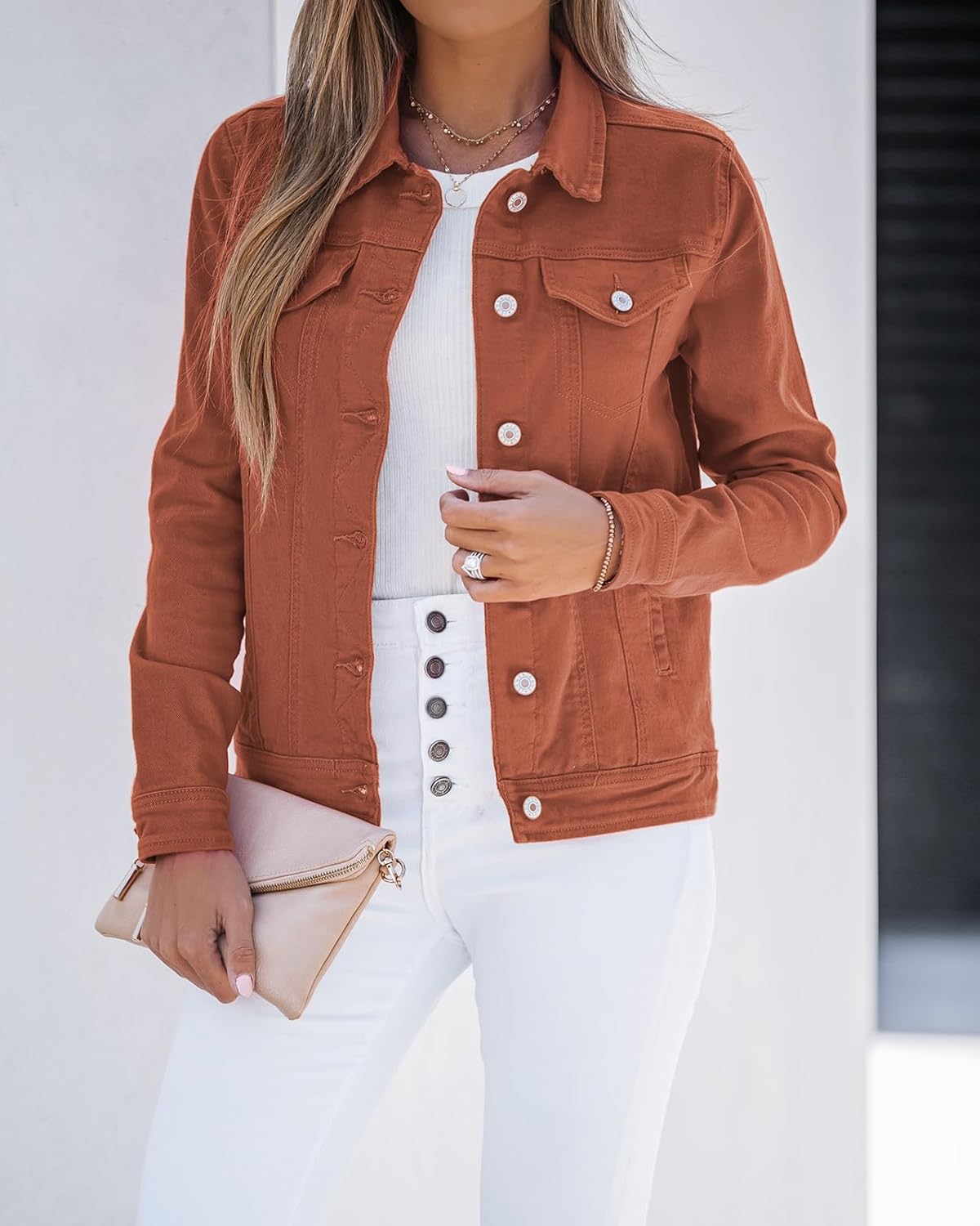 luvamia Women's Basic Button Down Stretch Fitted Long Sleeves Denim Jean Jacket - Image 7