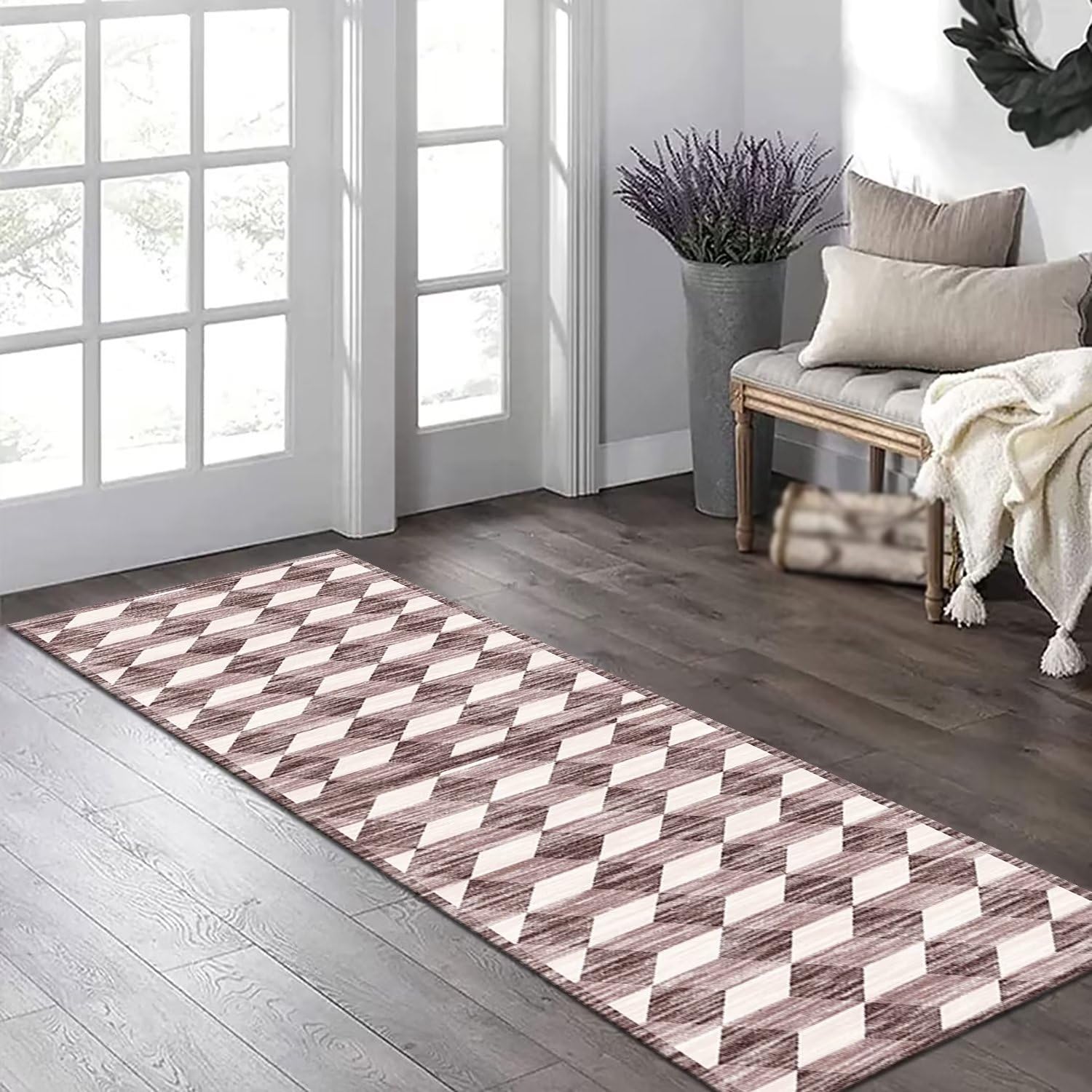 Tapis De Cuisine Antidérapant Lot De 2 - Motif Cœurs Roses, Dimensions 50x80 Cm + 50x120 Cm, Velours Doux, Lavable En Machine