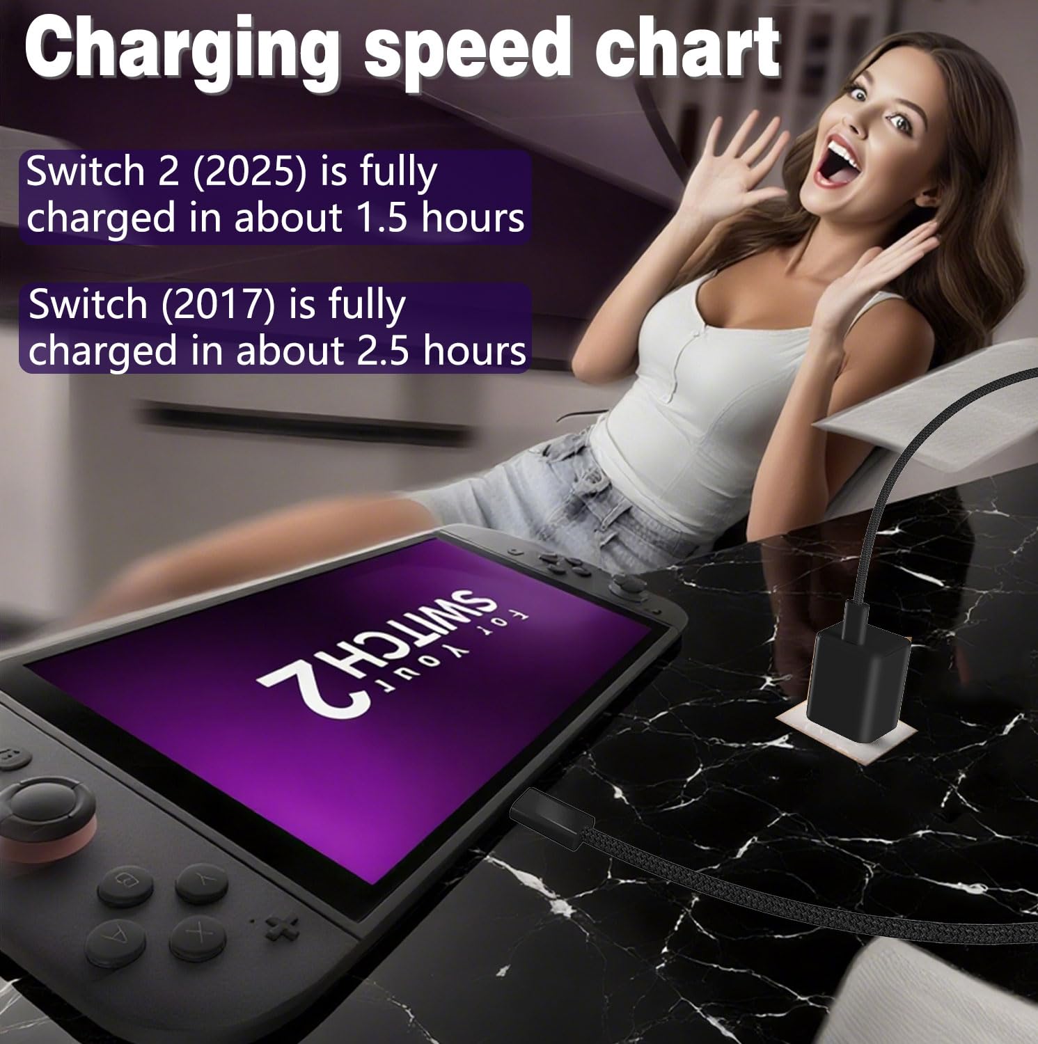 Ładowarka 65 W do Nintendo Switch (wszystkie serie) + kabel do szybkiego ładowania 3,5 m do trybu TV Switch 1/2 Dock, Steam Deck, ROG Ally i innych