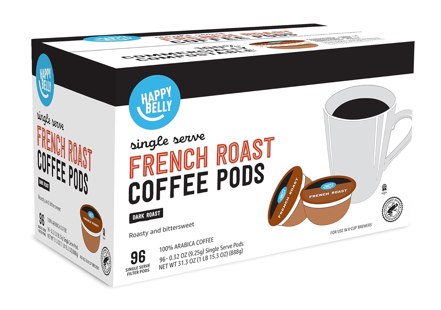 Amazon Brand - Happy Belly French Roast Compostable Coffee Pods (Dark Roast), Compatible with K-Cup Brewer, 96 Count