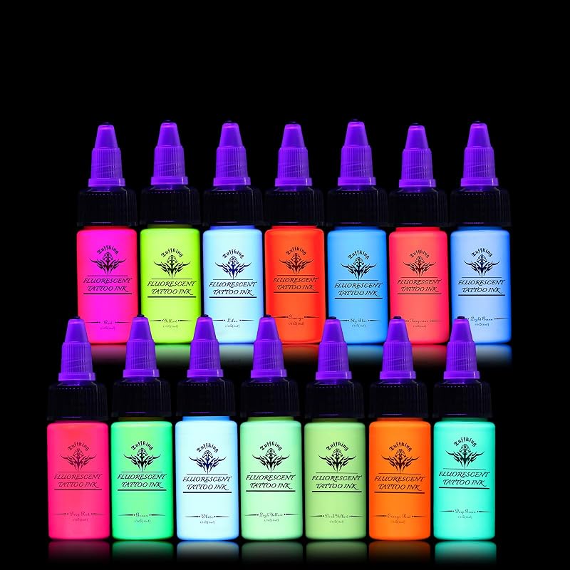Kit de Tintas para Tatuagem Fluorescentes Tuffking com 14 Cores, 15 mL