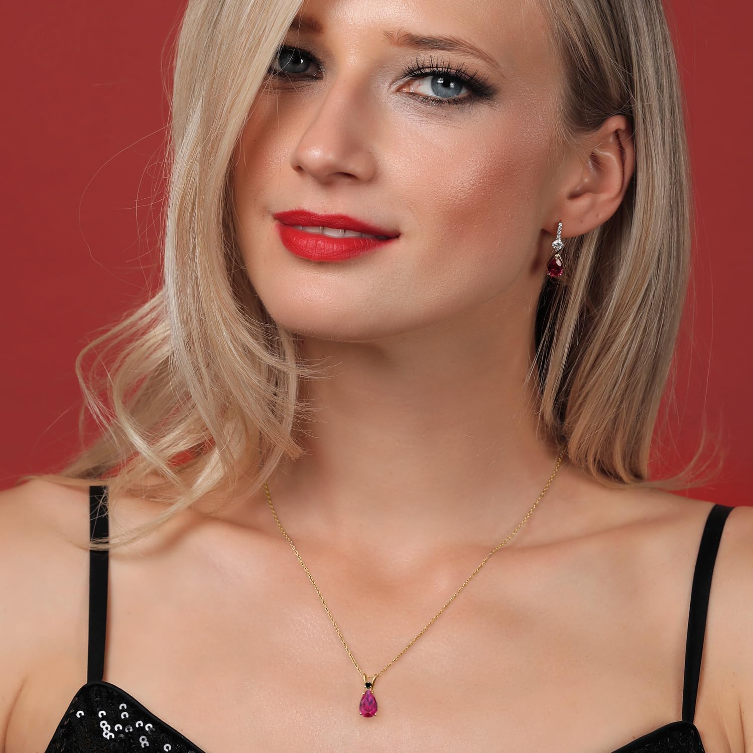 Gem Stone King 14K Yellow Gold Red Created Ruby and Black Diamond Pendant Necklace for Women | 2.24 Cttw | Gemstone July Birthstone | Pear Shape 10X7MM | With 18 Inch Chain - Image 4