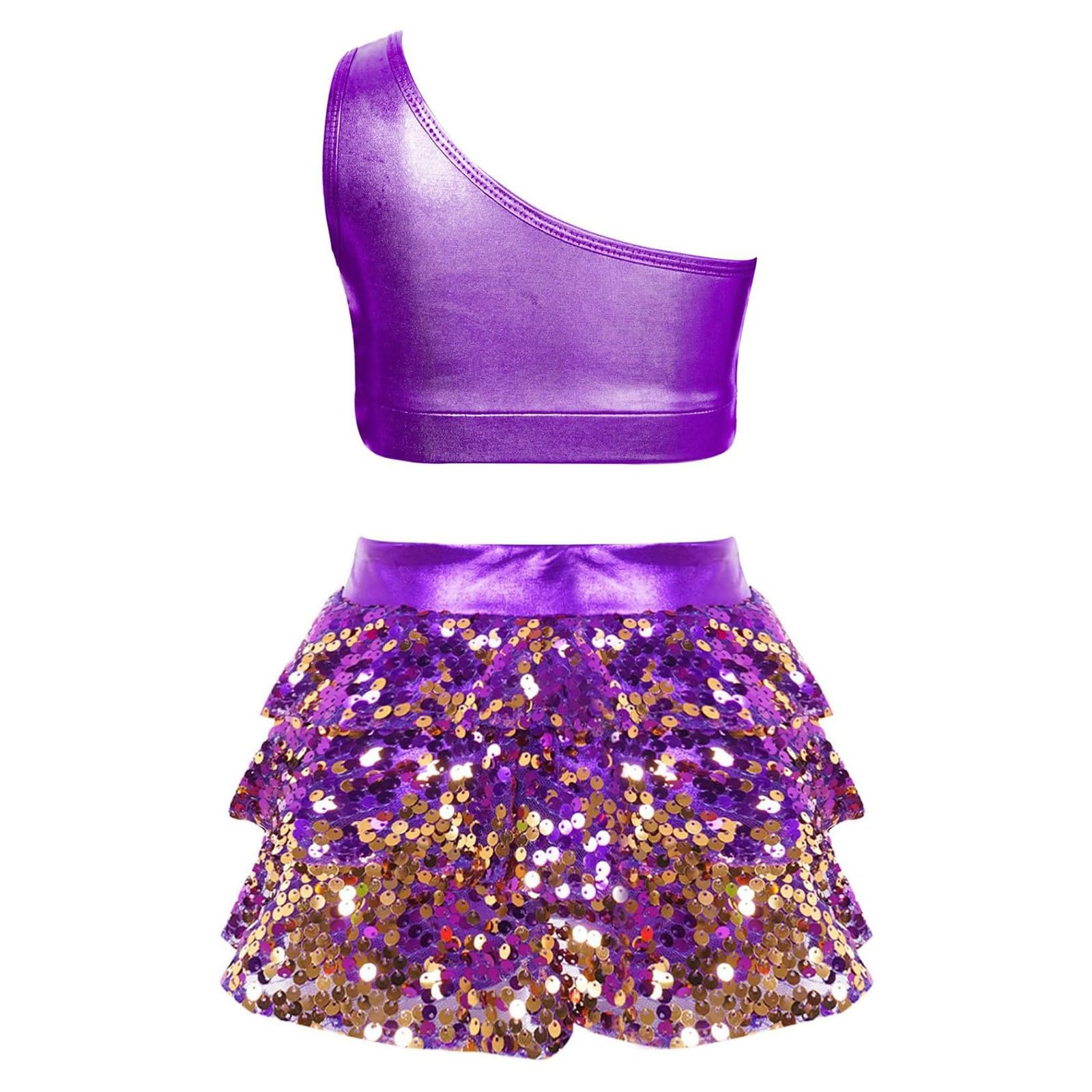 Traje de baile para niña, dos piezas, con lentejuelas, elástico, ajuste cómodo, falda superior para fiestas de baile