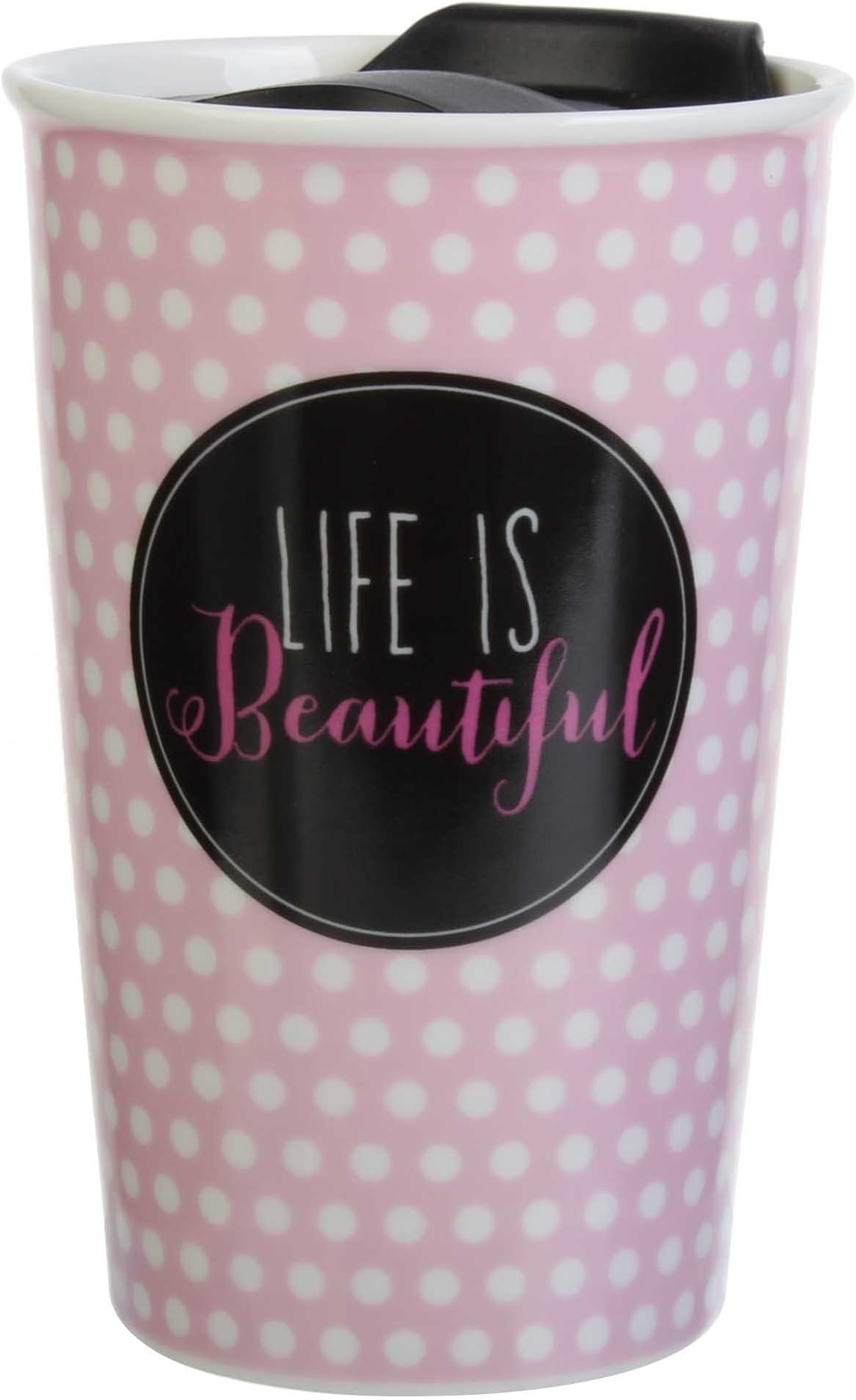Life is Beautiful Ceramic Double Wall Travel Mug with Lid (Set of 4), 9 oz, Multicolor