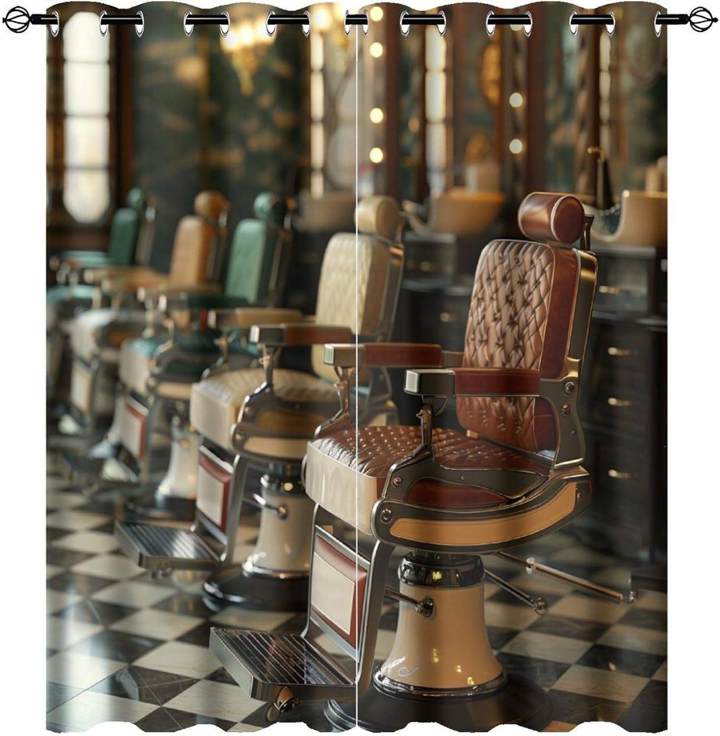 Modern Barber Blackout Curtains for Bedroom/Living Room, Classic Barbershop Mirror Chair Grommet Curtains Thermal Insulated Window Drapes, 2 Panels, Each 21W x 45L