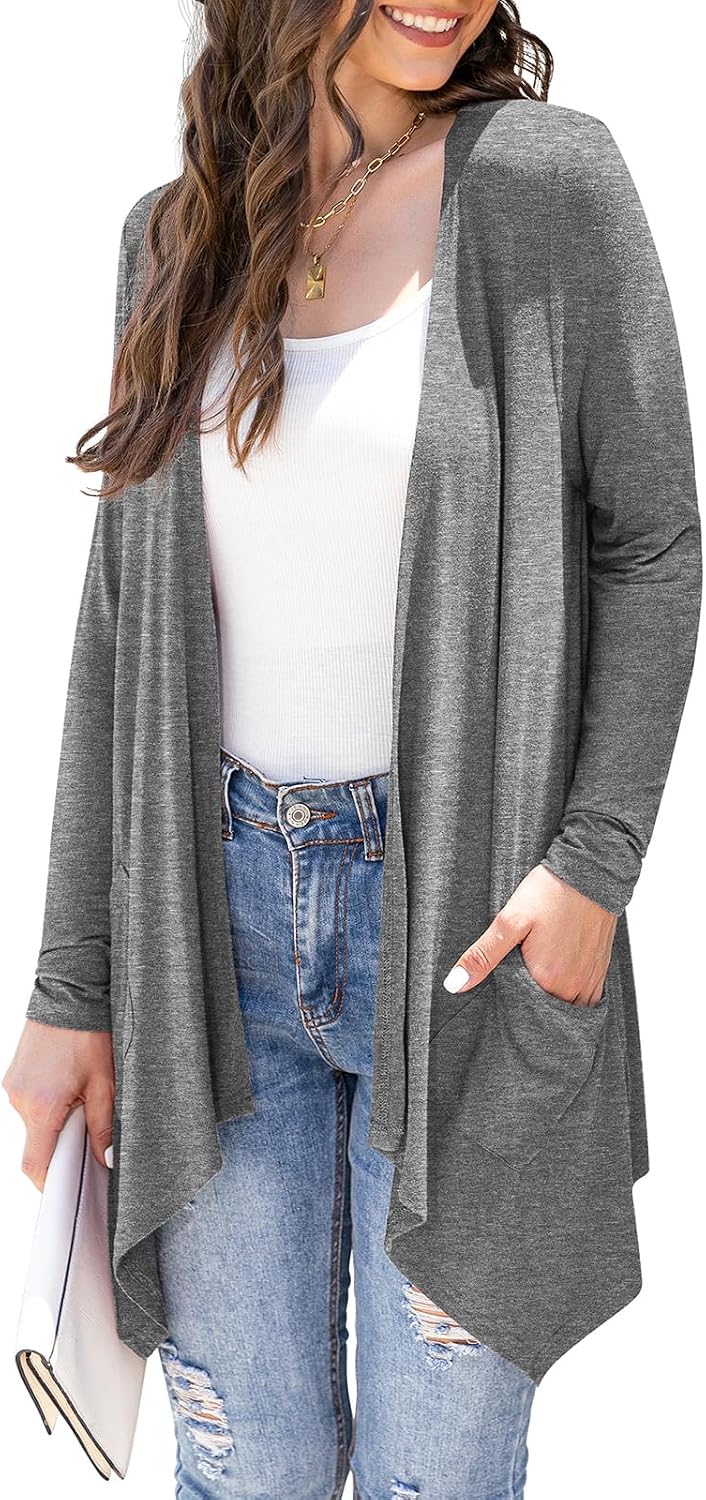 Veryoung Women's Lightweight Cardigan Casual Soft Long Sleeve Floral Knit Cardigans with Pockets High Low Hem Draped Duster