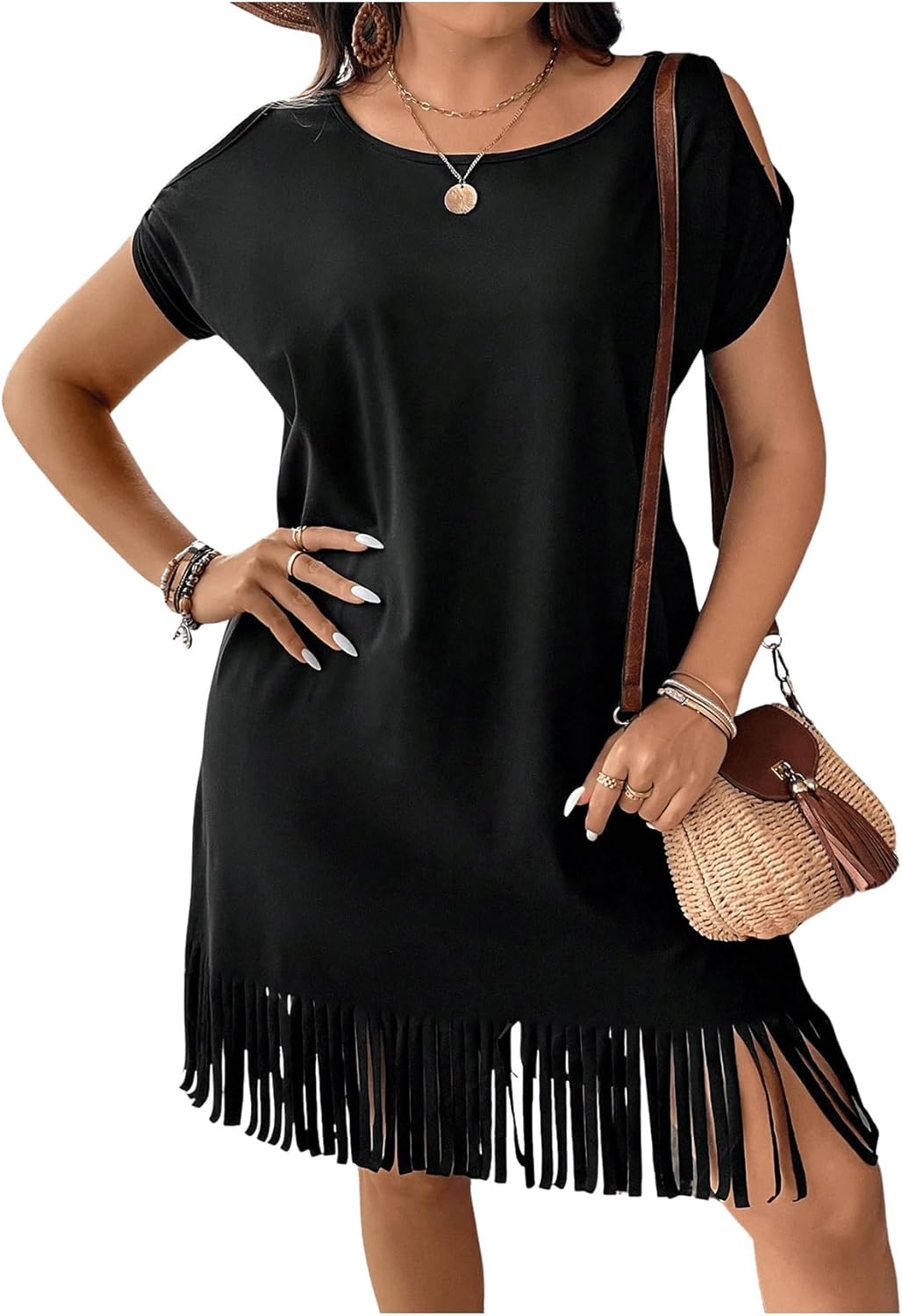 WDIRARA Women's Plus Size Round Neck Short Sleeve Fringe Hem Dress Casual Dresses