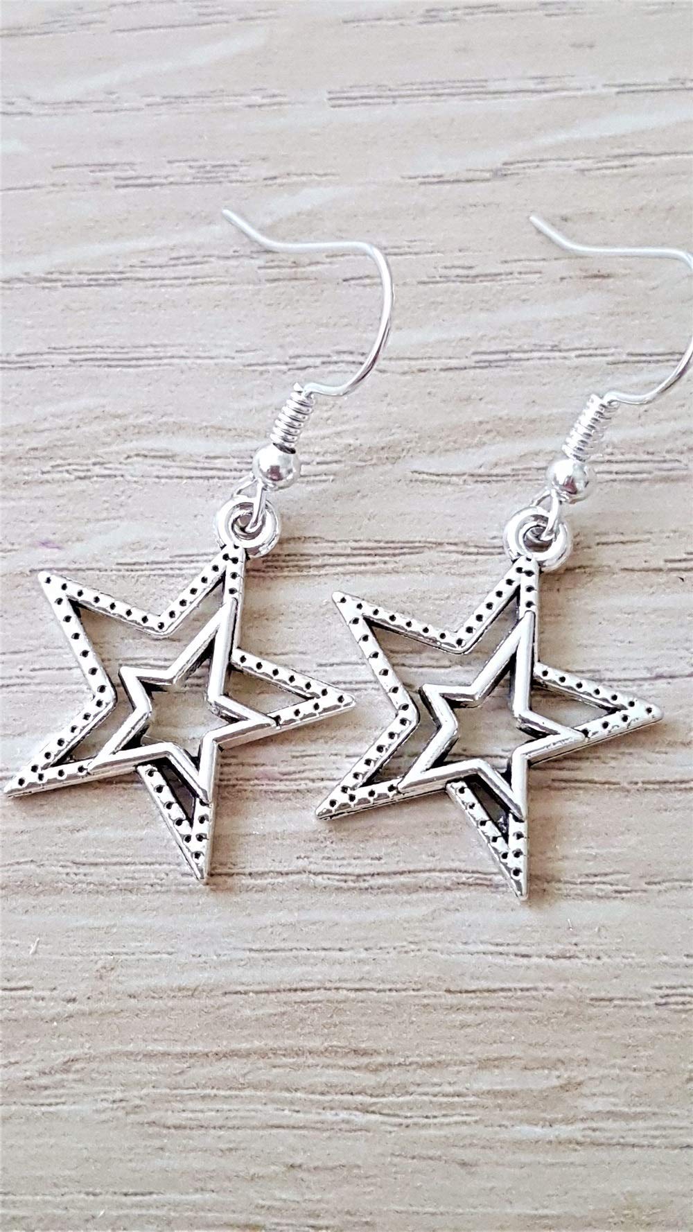 Handmade Silver Double Star Dangle Sterling Silver Plate Fishhooks Earrings